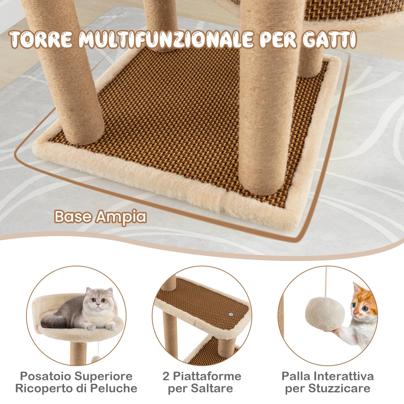 COSTWAY Torre per Gatti Interno, Albero per Gatti a 4 Livelli con Tappetino in Rattan, Palla, Tiragraffi, Piattaforma, Letto e Tappetino Peluche Rimovibile, Centro Attività per Gatto Piccolo e Medio