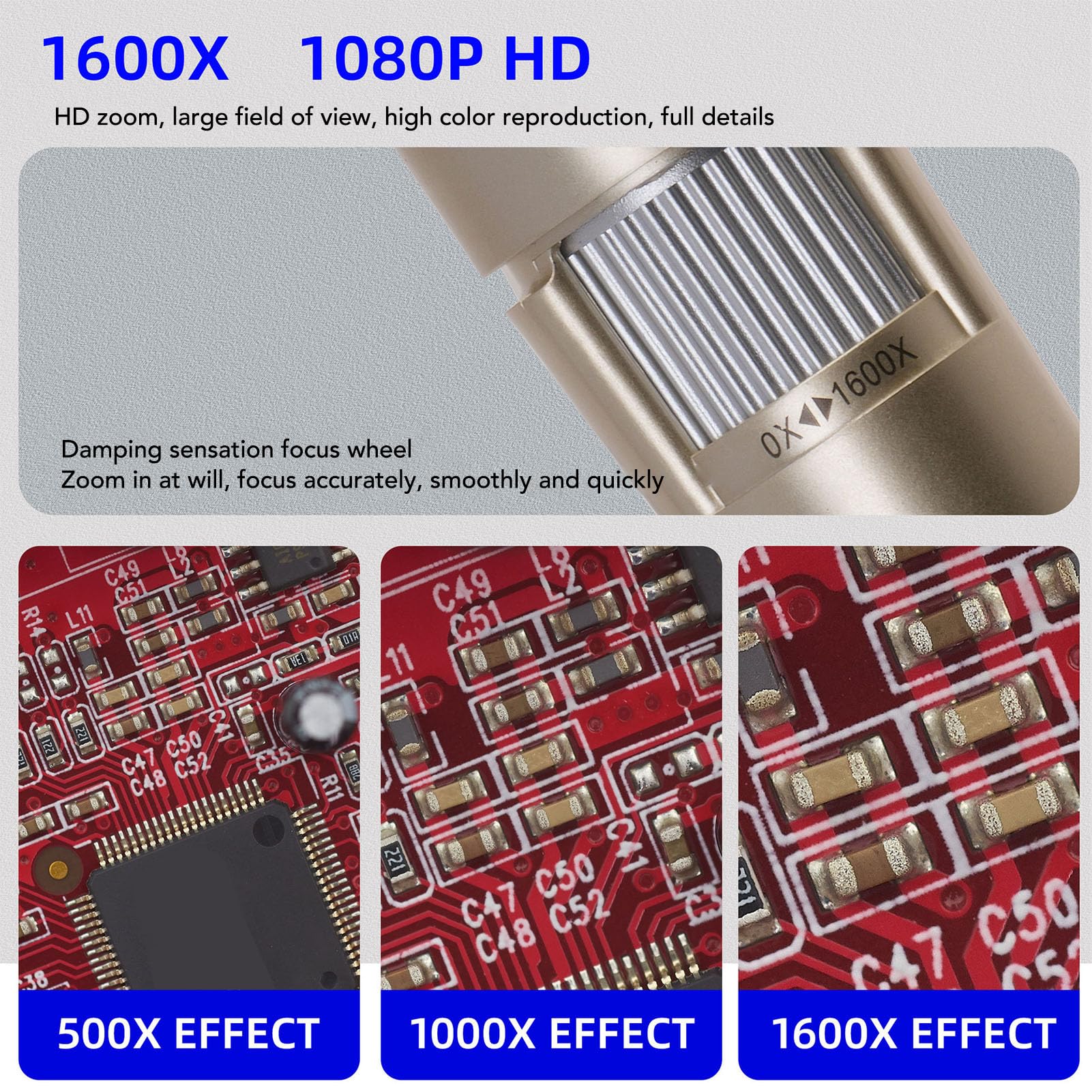 SIXRUN Drahtloses Digitales Mikroskop, Kompaktes Kunststoffdesign, 8 Dimmbare LED-Leuchten, 0- Bis 1600-fache Vergrößerung für die Detaillierte Inspektion von Münzen, Schmuck und Pflanzen