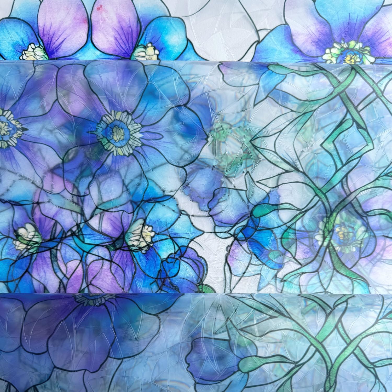 Etched Window Privacy Film Blue Purple Floral Sliding Glass Door Tint No Glue Static Cling Decals 3D Rainbow Decorative Covers Iridescent Anti UV Removal DIY Home Office,35X78.7in.