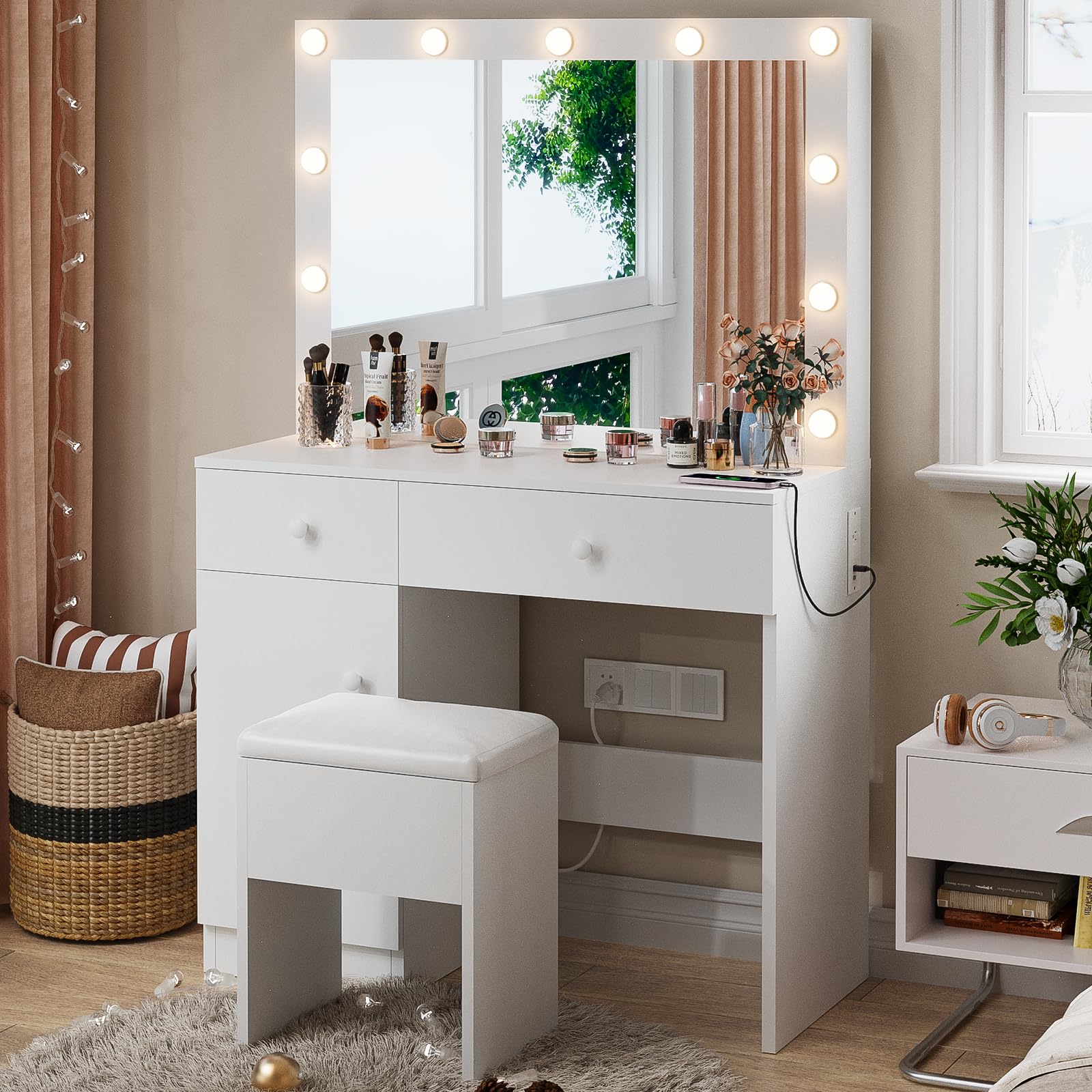 Photo 1 of ****Parts only/ For Repair****

Haewon Vanity Desk with Mirror, 11 LED Lights and Power Outlet, Makeup Vanity Set with Storage Cabinet, Drawers and Chair, White Dressing Table with 3 Adjustable Light Modes for Bedroom