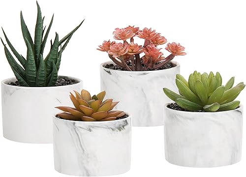 MyGift Plantas artificiales surtidas de 3 pulgadas en macetas redondas de cerámica de mármol blanco, juego de 4