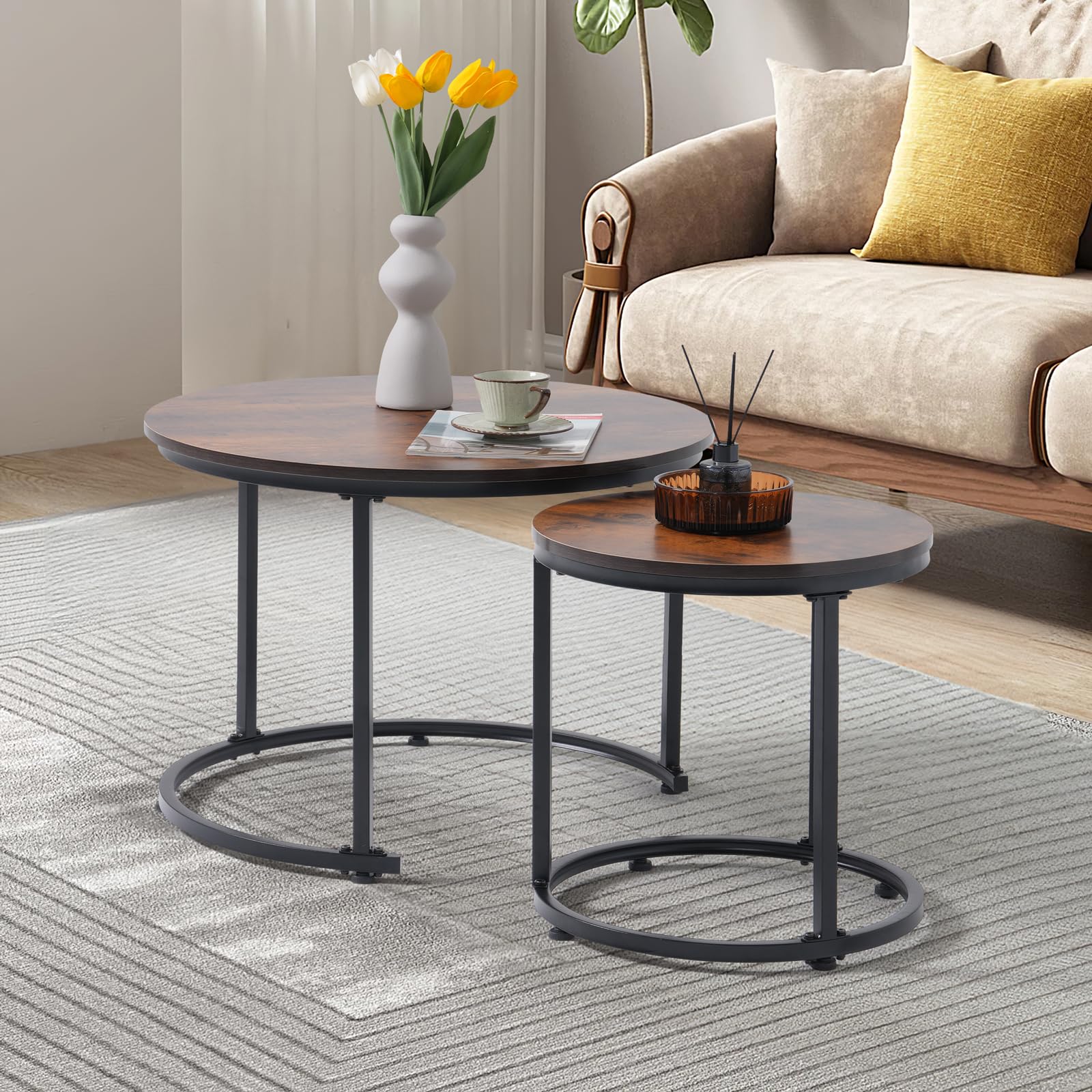 OC Orange-Casual 2er-Couchtisch aus MDF & Stahlrahmen, 2-TLG Beistelltisch in Vintage Optik, Runde Sofatisch für Wohnzimmer, Schlafzimmer, Büro,Vintage-Braun& Schwarz