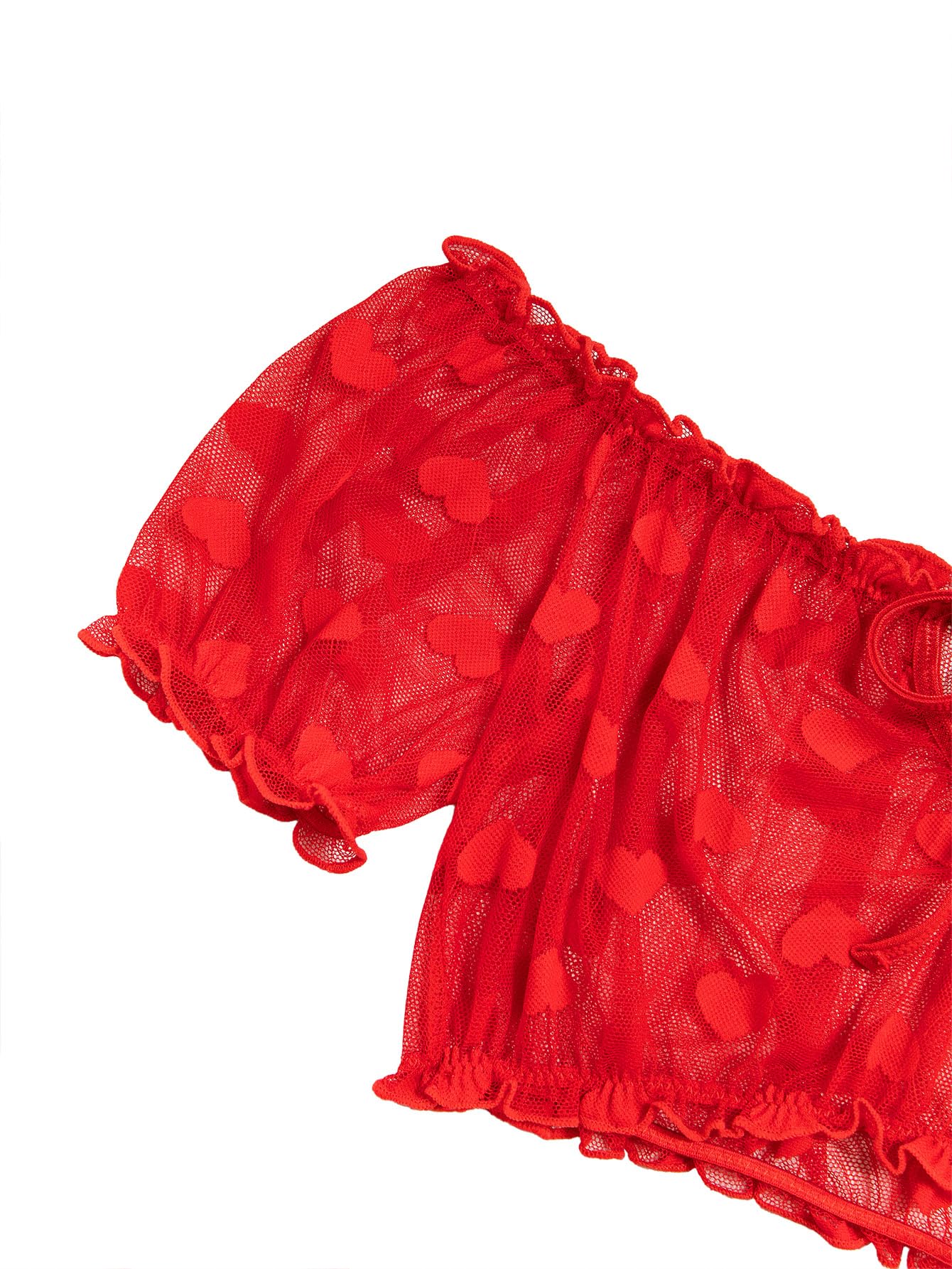 Lilosy Sexy Stretch Ruffle Tie Sheer Mesh Lingerie Set Outfits: Large Love Heart