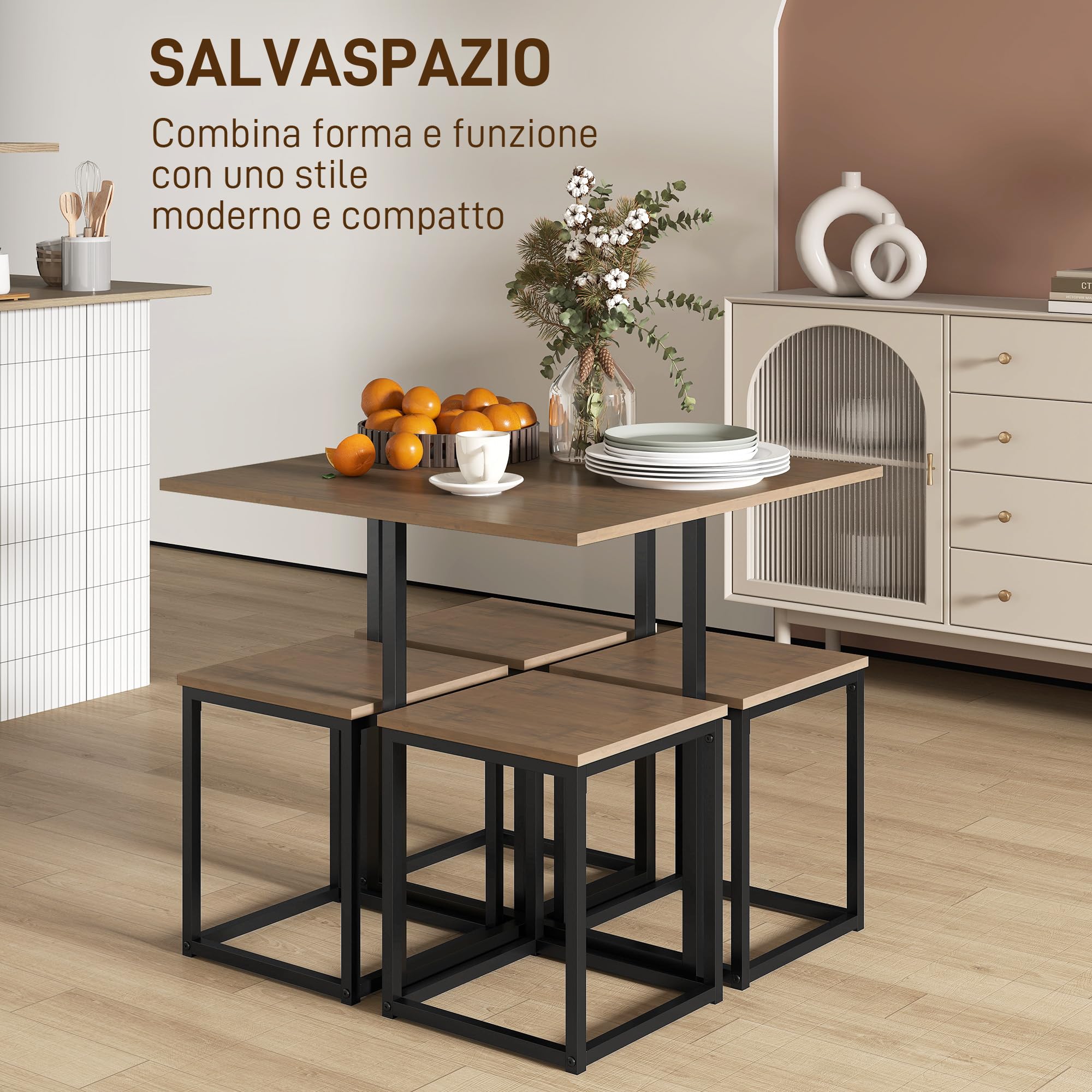 HOMCOM Set 5 Pezzi Tavolo Sala da Pranzo con 4 Sgabelli in Stile Industriale per Cucina, Set Mobili Salvaspazio per Casa o Ristorante in Legno e Metallo, Nero e Color Legno