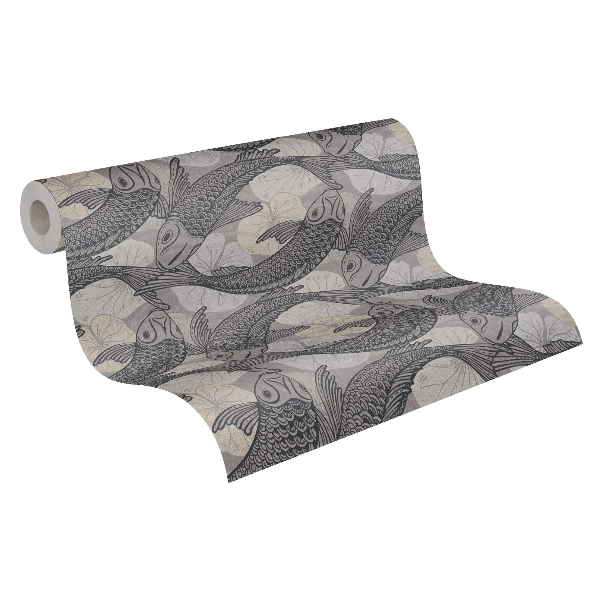 Vinyl Grey Beige Koi Fish Wallpaper Pond Metallic Japanese Textured