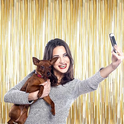 Miniatura 5 de Paquete de 8 cortinas de fondo con flecos de oropel dorado champán, serpentinas metálicas de 3.28 x 8.2 pies para cabina de fotos, cumpleaños, boda,