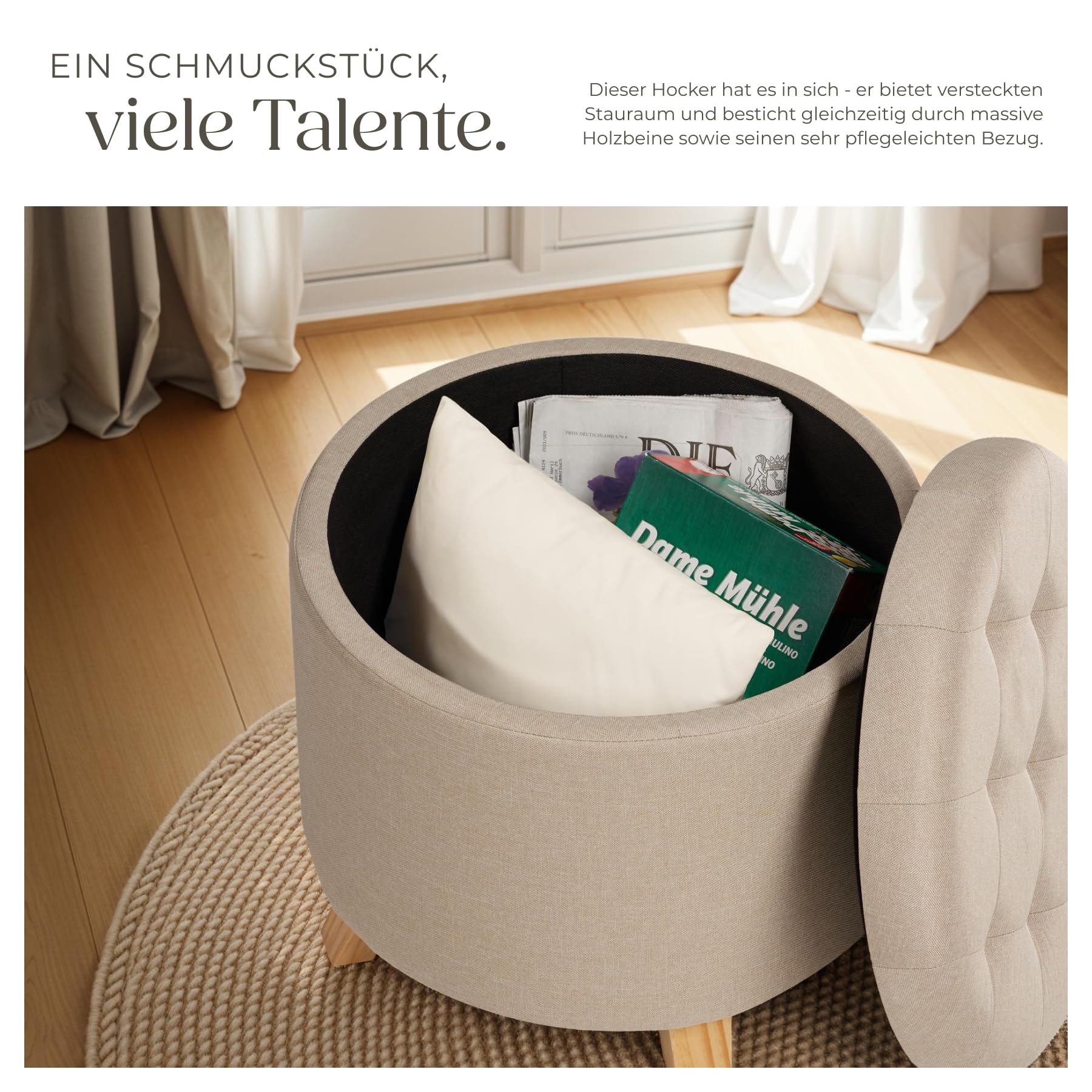 tectake® Hocker mit Stauraum, Sitzhocker mit Stauraum, Aufbewahrungsbox mit Deckel, Fußhocker, Hocker rund, Hocker Holz Beine, als Sitzbank Flur, im Wohnzimmer oder Schlafzimmer - Sand
