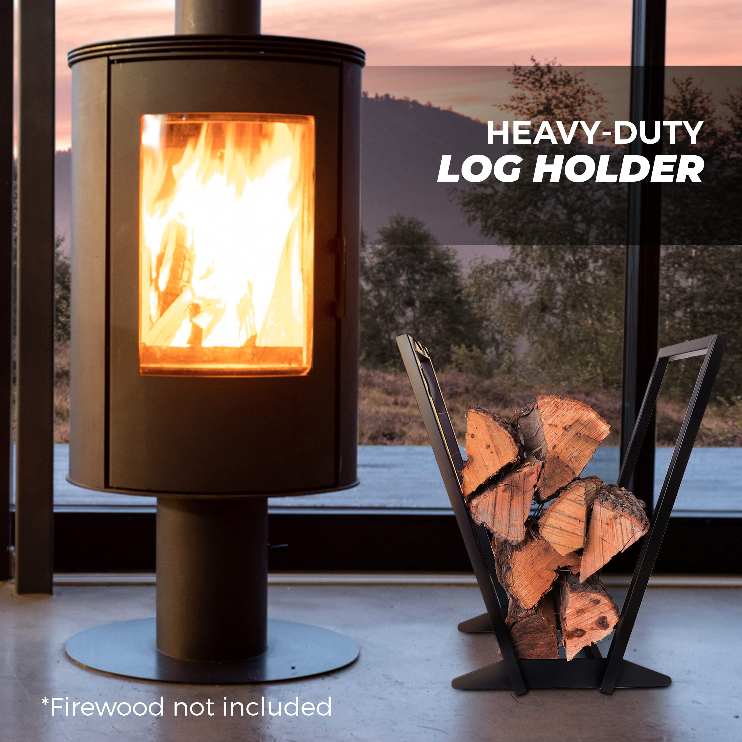 Amazon.com: URBAN SOMBRERO Timbre Timber Firewood Holder Black Iron  V-Shaped Freestanding Firewood Holder with Removable Kindling Storage  Brackets : Patio, Lawn u0026 Garden