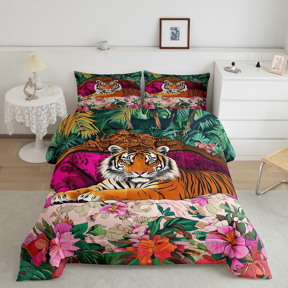 Erosebridal Tiger Comforter Set Woodland Animal King Bedding Set Boho Botanical Leaves Down Comforter for Kids Boys Girls,Flowers Plant Jungle Wildlife Tiger Quilt Set - Image 2