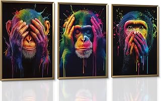 3Pcs Vibrant Colorful Monkey Wall Art Canvas Three Wise Monkeys Modern Abstract Graphic Art Posters Prints Pictures Paintings Wall Decor Home Decoration For Living Room Bedroom Office Unframed