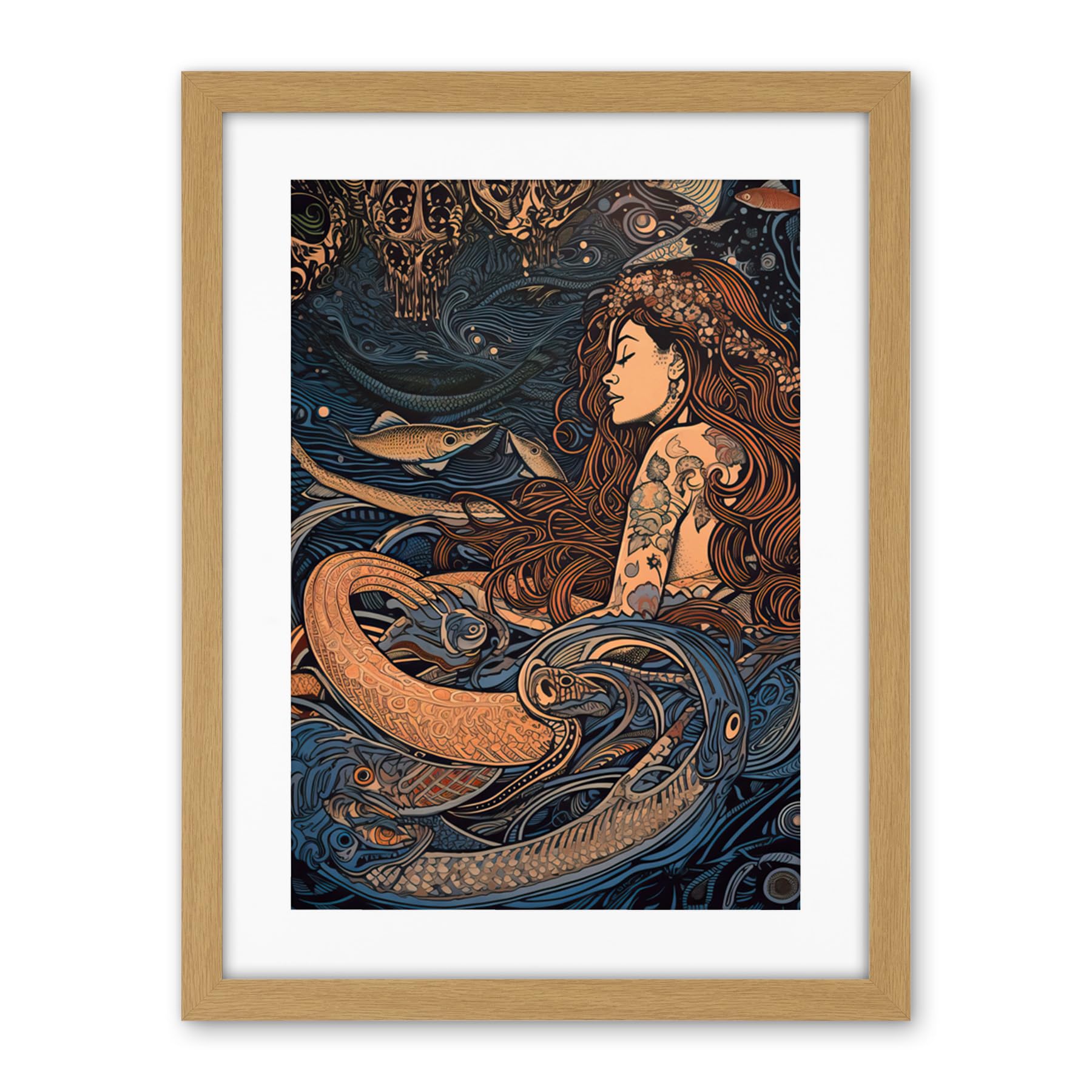 Artery8 Little Mermaid and Aquatic Animals Illustration Artwork Framed Wall Art Print 18X24 Inch