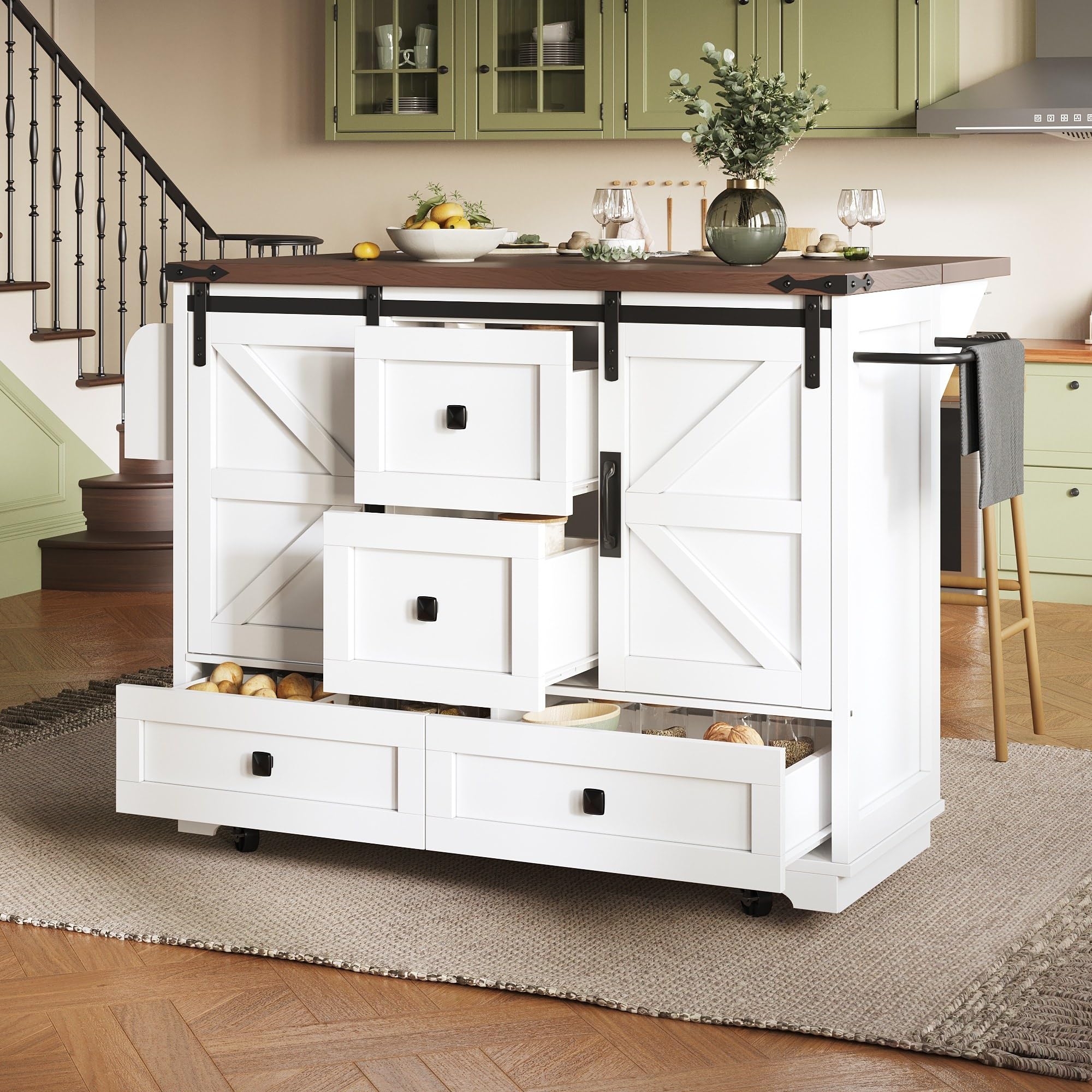 Multifunktionaler Küchenwagen mit Klapptisch; Mobile Kücheninsel, Bar, Sideboard mit Stauraum; Servierwagen Rollbar mit DREI Schubladen und Zwei Schranktüren