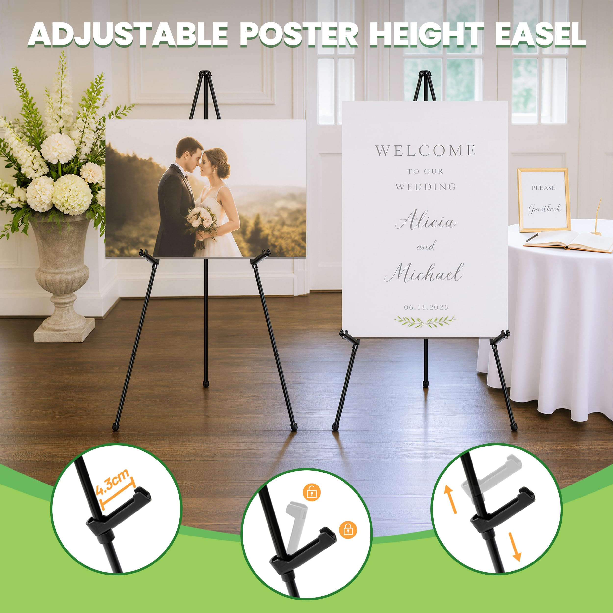 Cavalletto Treppiede, 6 Pezzi Cavalletti Portatili da Pavimento in Metallo Nero per Esposizione Cartelli Matrimonio Poster, Cavalletti Pieghevoli Regolabili Richiudibili per Artisti, Supporto