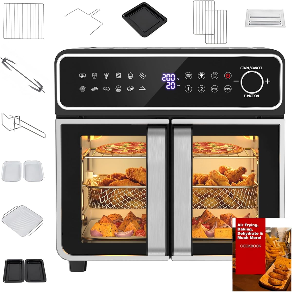 23L Heißluftfritteuse Mini Backofen – Verstellbare Einzel-/Doppelzone, 2600W Airfryer mit Drehknopf & Touchscreen, 12 Programmen, Innen aus Edelstahl, 13-teiligem Zubehör & Rezeptbuch