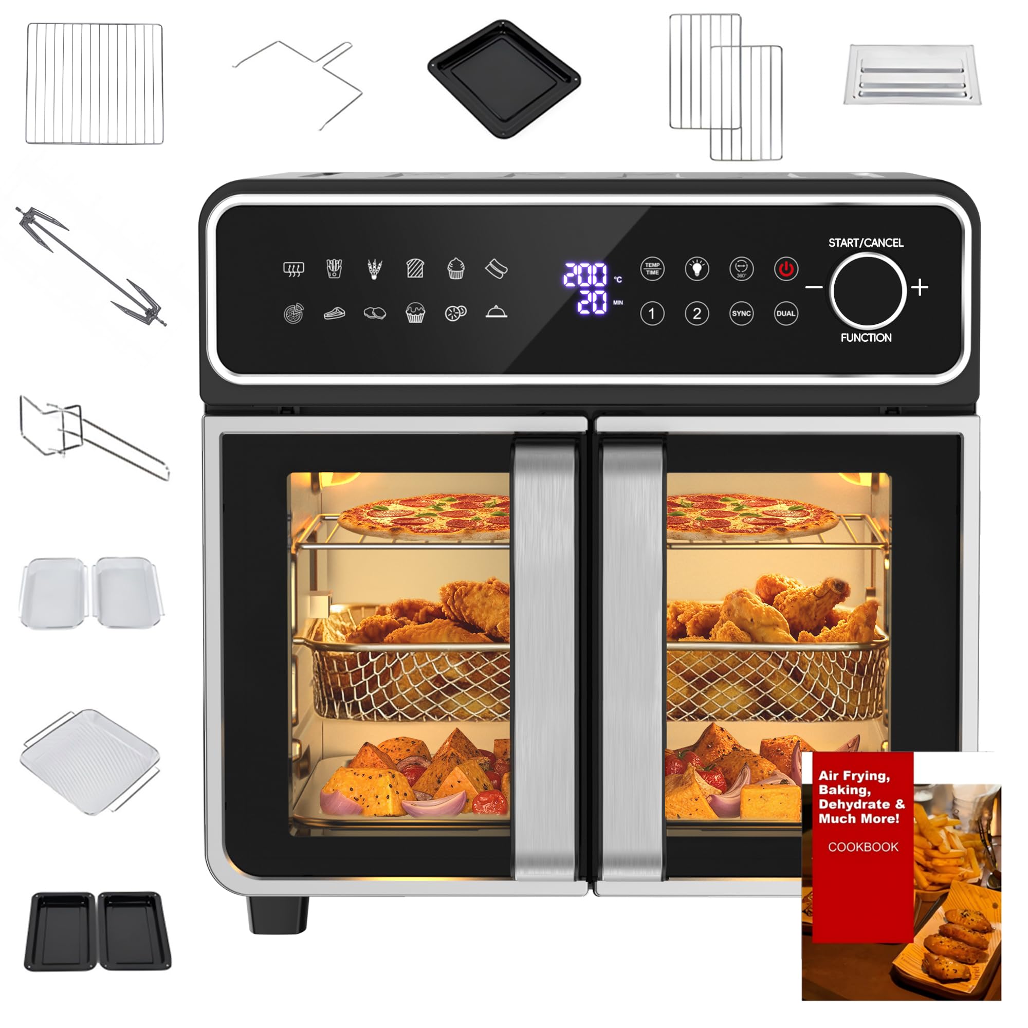 Friteuse à air chaud 23L Mini Four – Zone simple/double réglable, 2600W Airfryer avec Bouton rotatif & Écran tactile, 12 programmes, Intérieur en acier inoxydable, 13 accessoires & livre de recettes