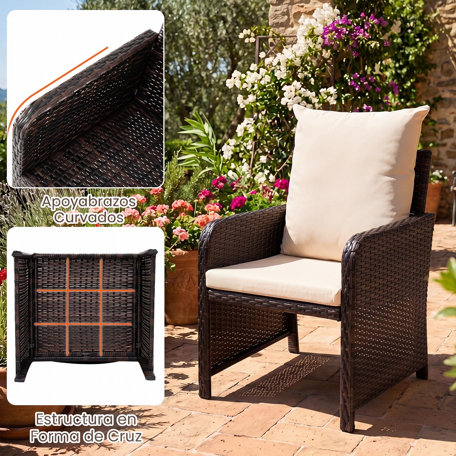 COSTWAY Conjunto Jardin Exterior de Ratán 5 Piezas, 2 Sillas, 2 Otomanas Y 1 Mesa de Centro Vidrio Templado, Cojines Suaves, Conjunto Mesa y Sillas Jardin, Muebles Terraza Balcon Exterior (Beige)