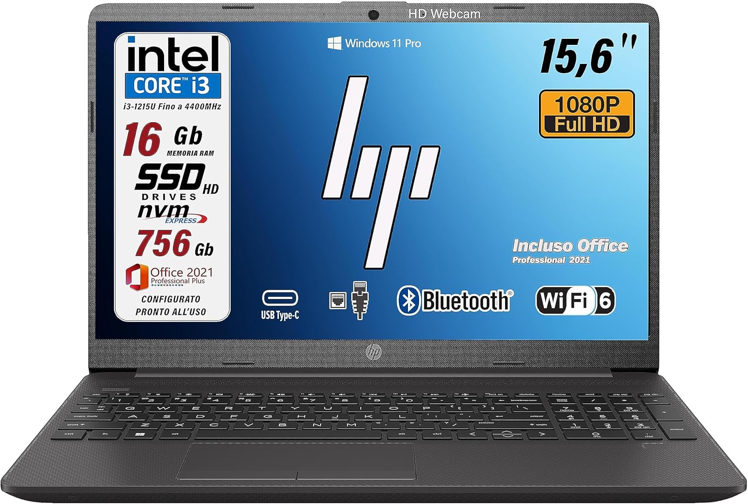 HP 250 G9, Pc portatile notebook, Display Full HD da 15,6, cpu Intel i3 di 12Th, ram da 16 Gb, SSHD 756 Gb, Windows 11 Pro, Suite Office completa, computer portatile, Layout Italiano, pronto alluso HP 250 G9, Pc portatile notebook, Display Full HD da 15,6, cpu Intel i3 di 12Th, ram da 16 Gb, SSHD 756 Gb, Windows 11 Pro, Suite Office completa, computer portatile, Layout Italiano, pronto alluso