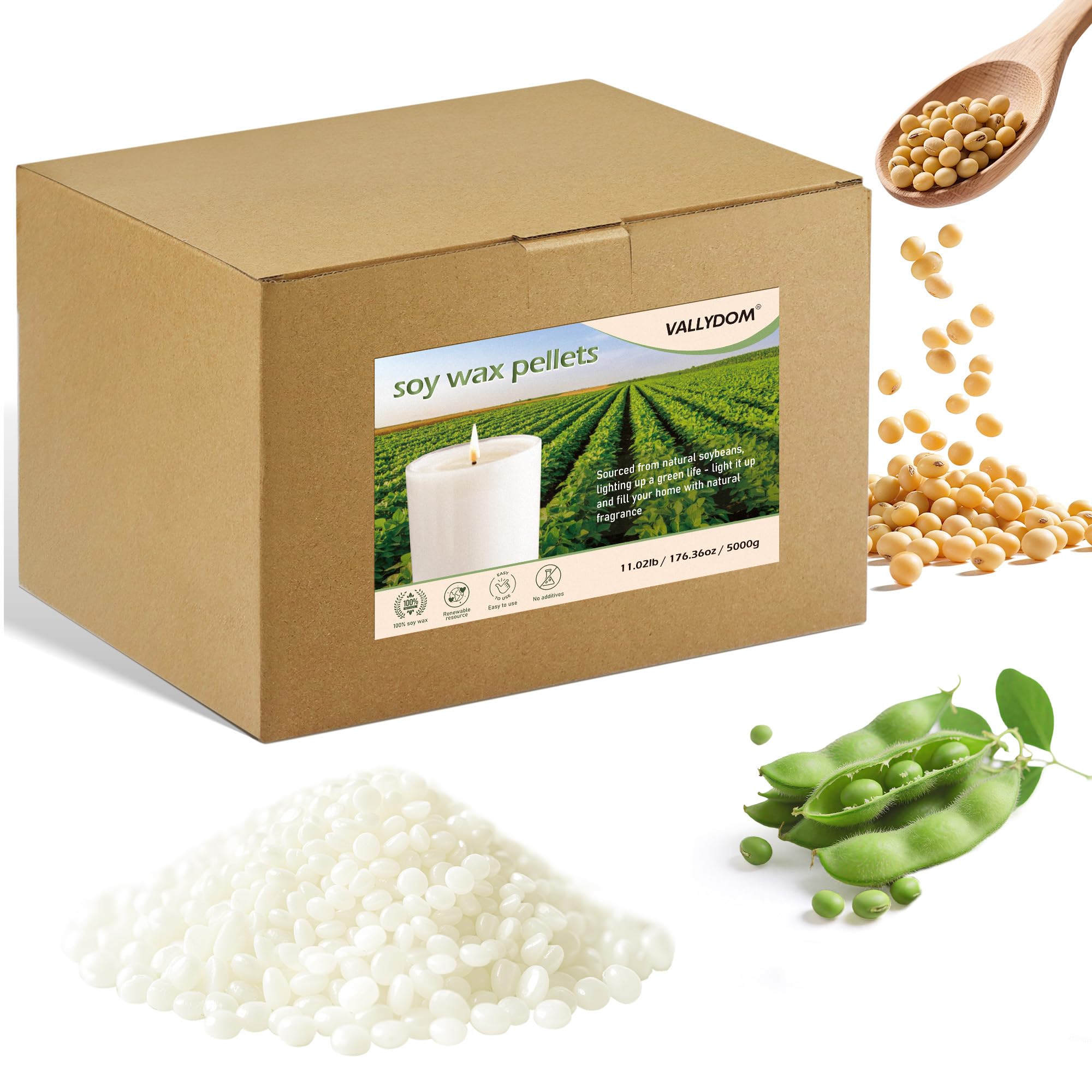 VALLDOM - Cera di soia per la produzione di candele, 5 kg, cera di soia biologica, cera per candele per la produzione di candele, lumini in cera di soia, pellet di cera di soia senza additivi, cera