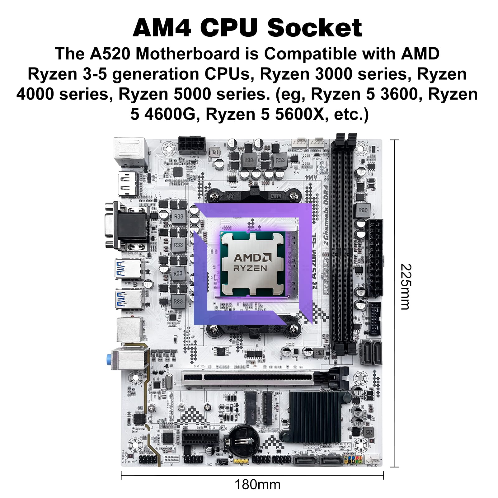 SHANGZHAOYUAN Scheda madre A520M-GL compatibile con CPU AMD AM4 Ryzen di 3a a 5a generazione (DDR4 fino a max 64 GB, NVMe/NGFF M.2, PCIe 3.0, WiFi M.2, SATA 3.0, USB 3.0, Gigabit-LAN) M-ATX