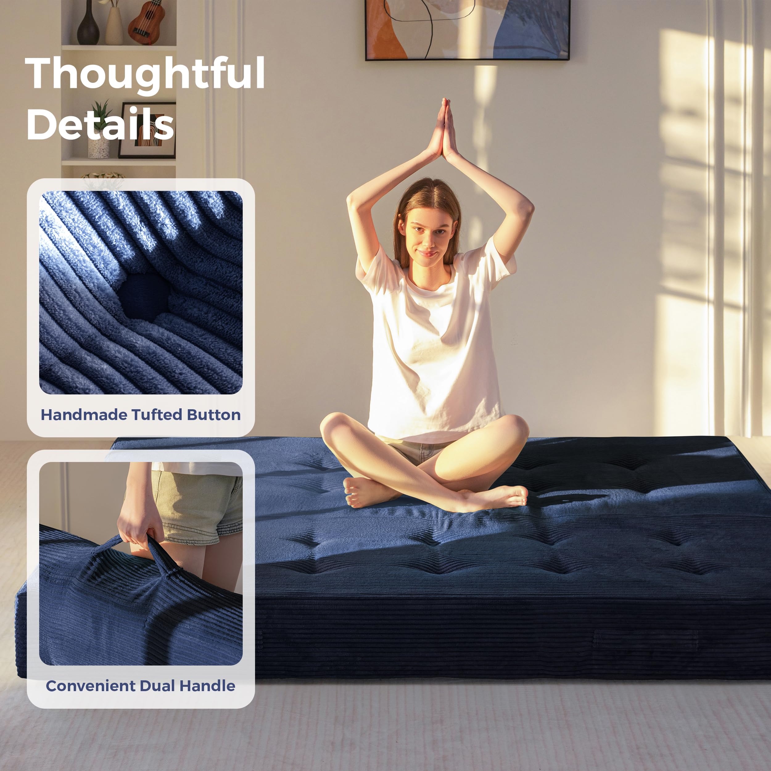 MAXYOYO Foldable Mattress, 8-Inch Tufted Futon Mattress with Handles | Tufted Floor Sofa Bed and Versatile Mattress, Carry Handles for Living Rooms or Guest Rooms, Frame Not Included, Navy