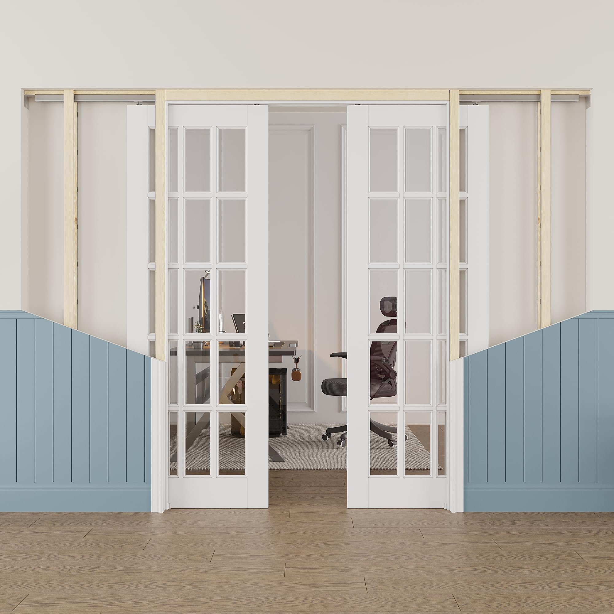 60x80 Sliding Double Pocket Door,15 Lite Clear Glass Doors,Hidden Doors