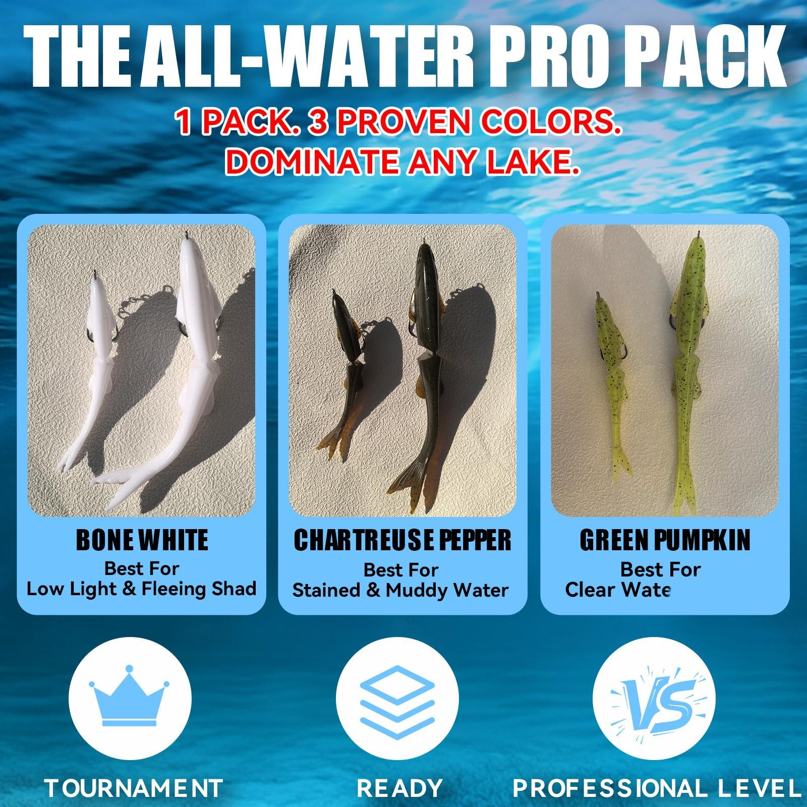 Lot de 3 leurres de pêche en caoutchouc multicolores avec effet flottant naturel, leurres de pêche très simulés pour la pêche à la perche, leurres de pêche en plastique souple
