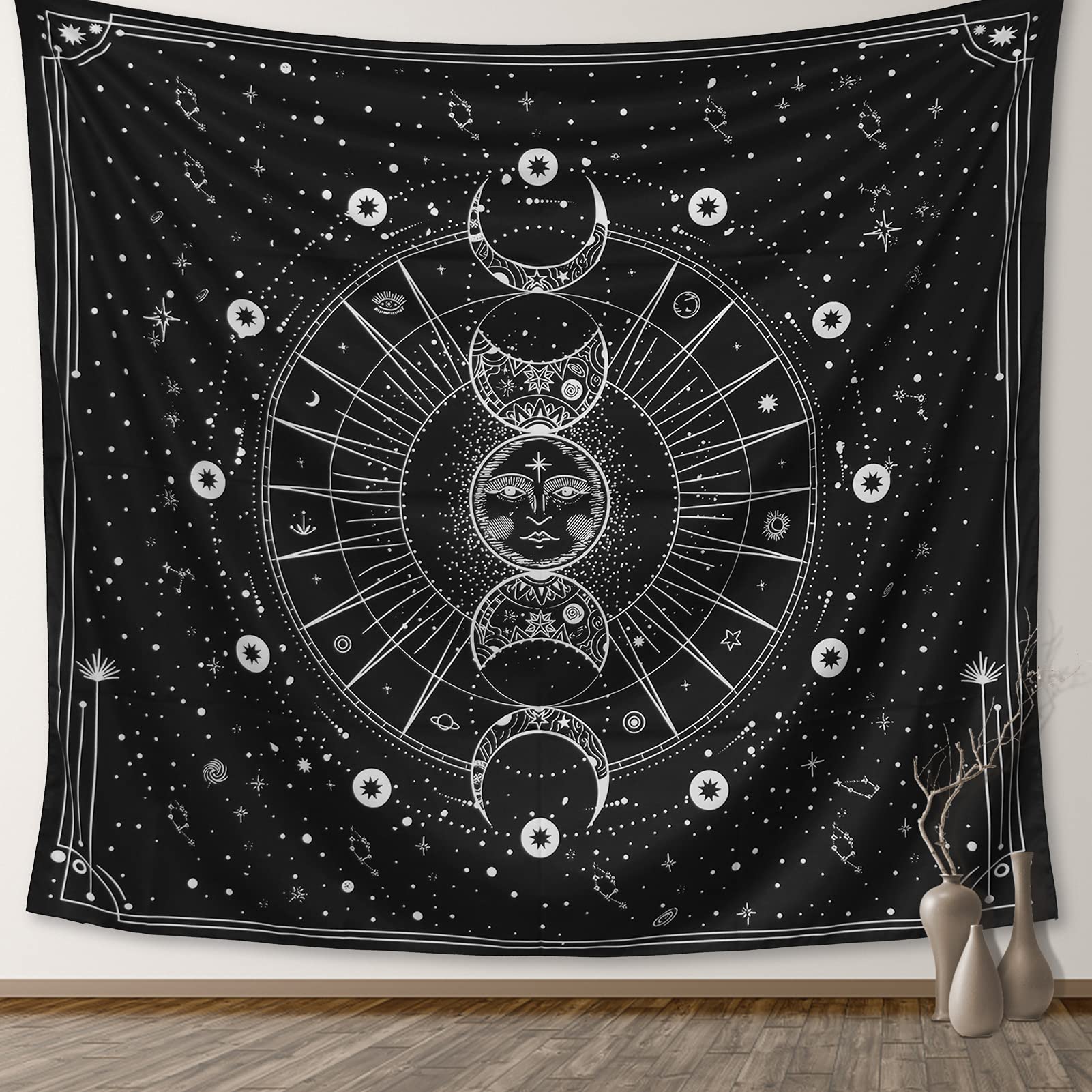 LLGWGL Arazzo Parete Sole E Luna 150x130cm - Fluorescente UV Per Soggiorno E Camera Da Letto - Estetica Trippy