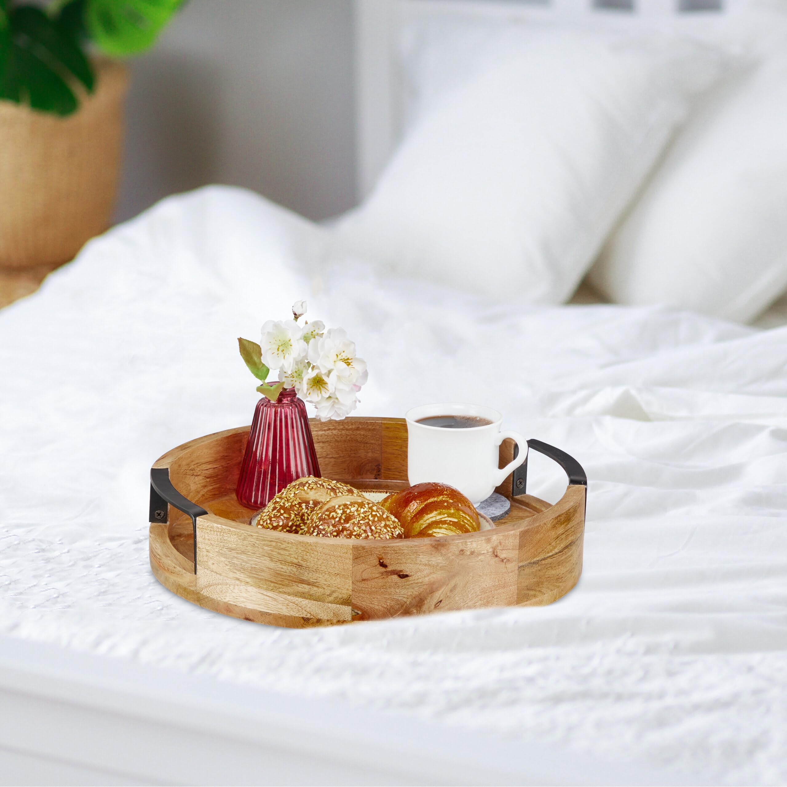 Relaxdays Bandeja Redonda de Madera de Mango, con Asas, Servir, Desayuno, Decorativa, Cocina, 7,5 x 35 cm, Natural