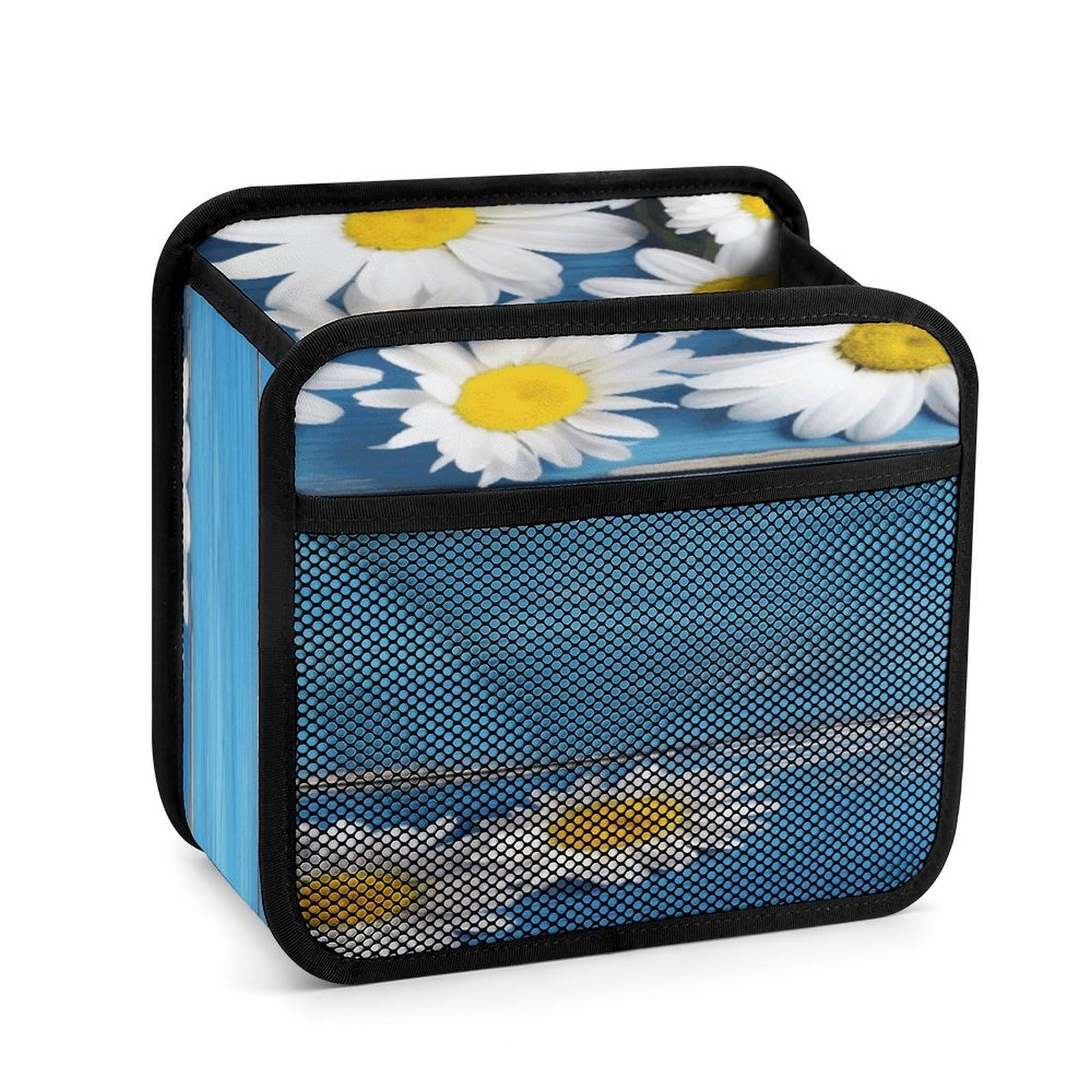 Btcowzrv Style Daisy Flowers Blue Wooden Car Seat Back Organizer, Pu Leather Hanging Backseat Car Organizer With Elastic Mesh Pocket, Storage Bag For Most Vehicles