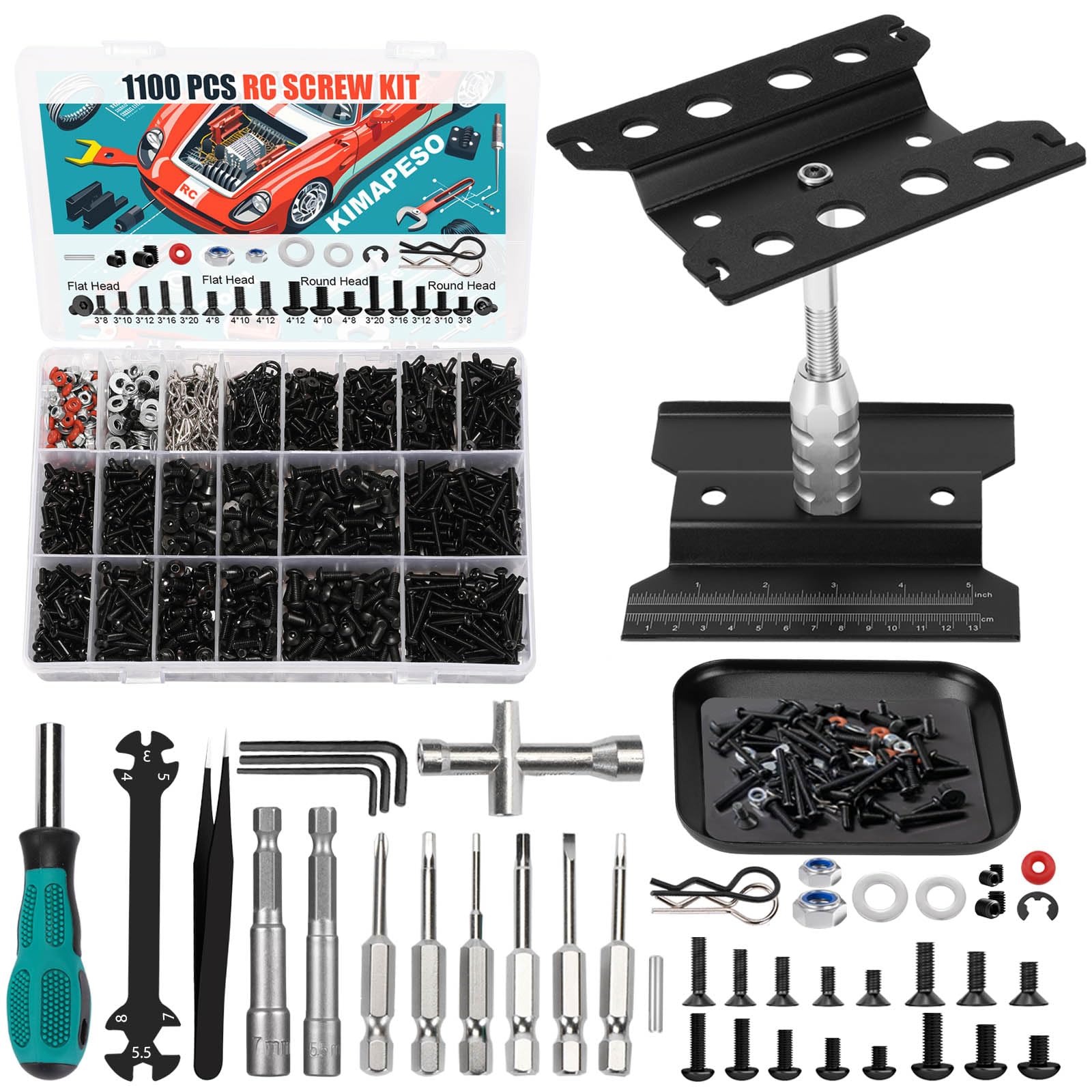 RC Car Repair Work Stand, 1100pcs RC Screw Kit and Vehicle Scale Accessories for Traxxas Axial Redcat Arrma HPI HSP SCX10 RC4WD 1/8 1/10 1/12 1/16