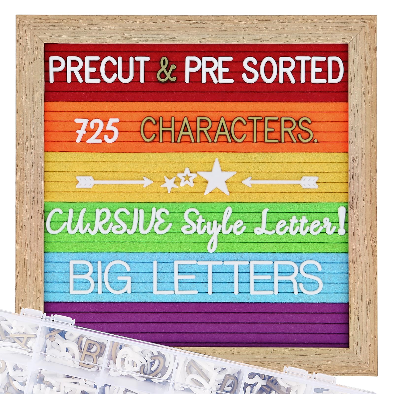 Changeable Felt Letter Board with Letters, Pre Cut &amp; Sorted 725 Letters, Rainbow Decor, 10x10 Inch Message Board, Classroom Decor Farmhouse Wall Decor Sign Board, Pride Decorations for Office