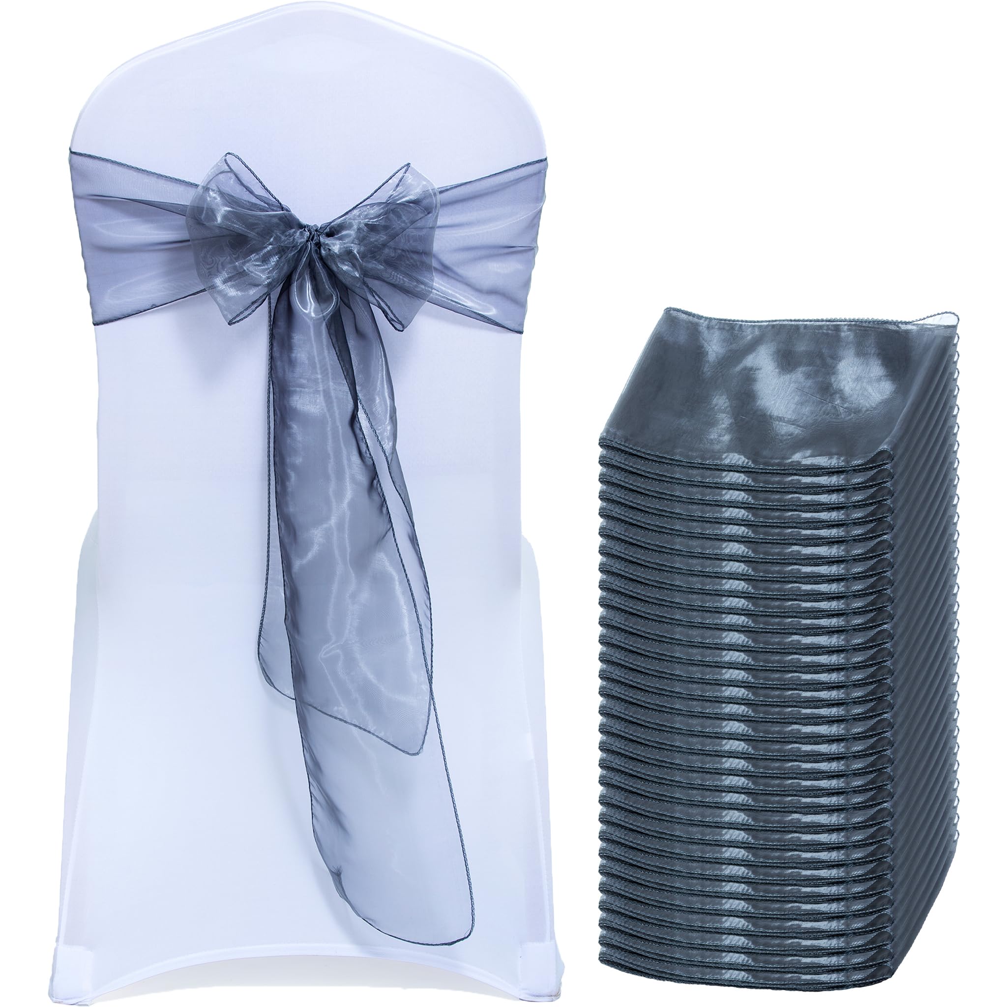 EDecor Pack of 200 Organza Chair Sashes for Wedding & Party Decorations – Reusable Sheer Chair Bows Tie Back for Banquet Chairs, Bridal Shower, Birthday, Reception Event Styling Décor - Silver Grey — image 1