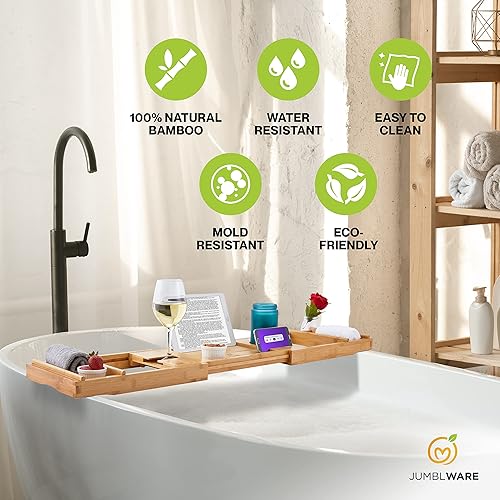 Miniatura 2 de Bandeja de baño de bambú. Bandeja de baño de lujo con asas, estante para libros, soporte para copas de vino, jabonera y ranuras para teléfono y