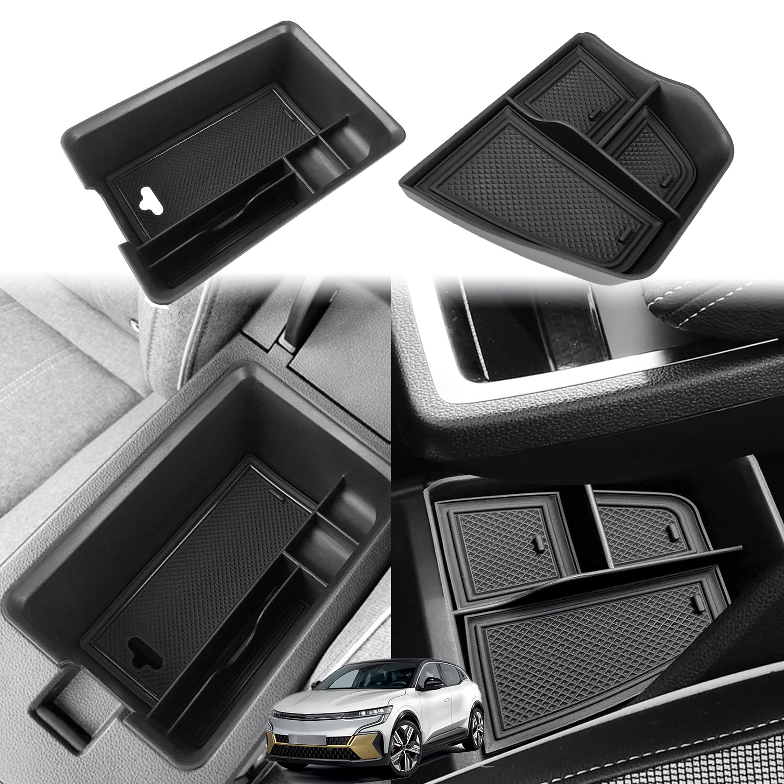 GAFAT Compatible con Renault Megane E-Tech/Scenic E-Tech 2022-2024 2025 Caja de Almacenamiento, Megane ETech Organizadora Bandeja para Reposabrazos+Bandejas Inferiores de la Consola Central