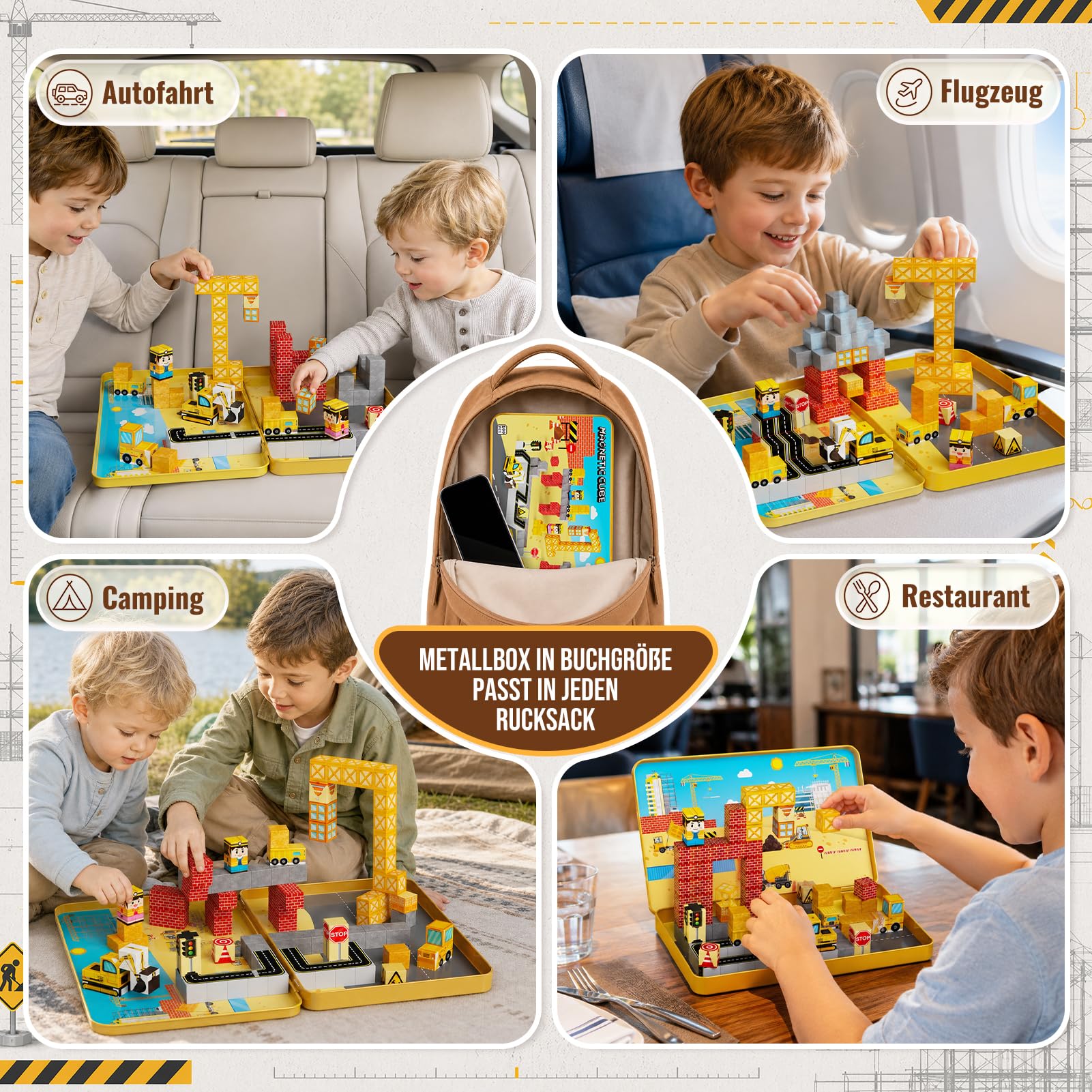 Magnetische Bausteine Reiseset Baustelle: 100 Teile für Jungen | Baustellen-Magnetwürfel mit Metalldose als Bauplatte für 1-3 Kinder – 1h ruhig & streitenfrei für Auto/Flug/Restaurant