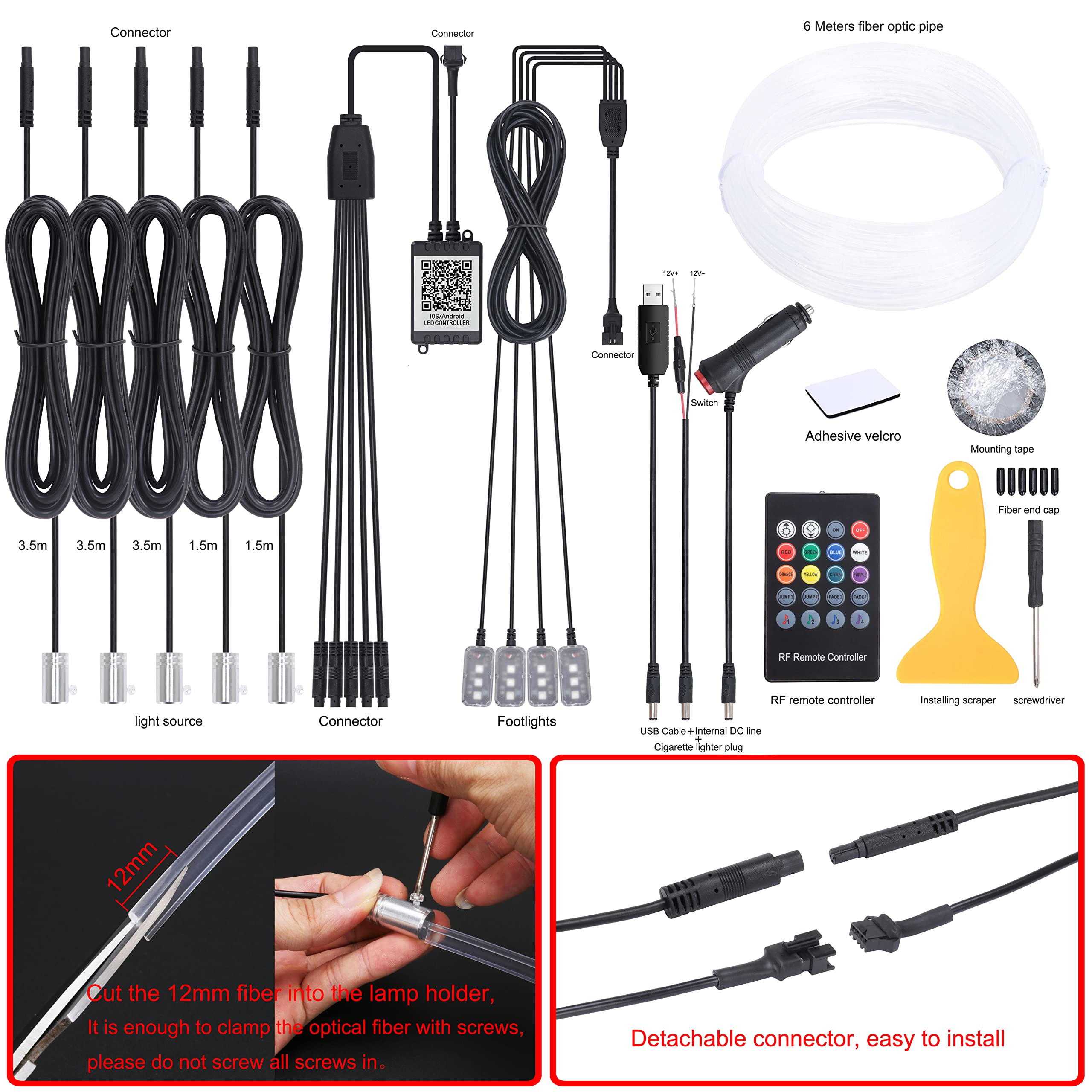 QAUBEN Car Ambient Lighting 64 Colors Multicoloured Music Optic Fiber Cable RF Remote Controller + APP Control Car DIY Decorative Atmosphere Lighting DC 12V 1W 6m