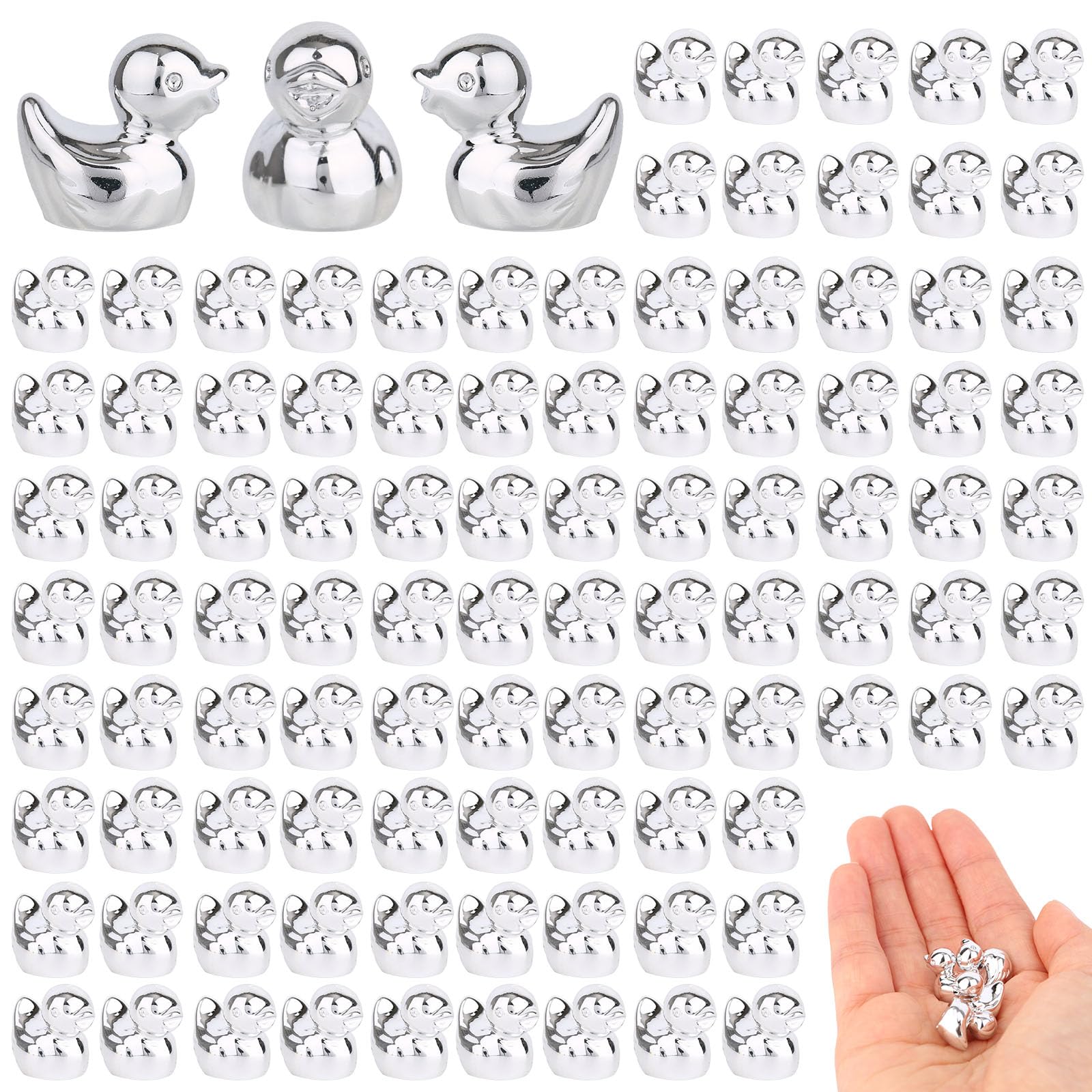 Sinbana 100pcs Mini Resin Ducks, Tiny Duck Figurines Mini Resin Animal Figures for DIY Miniature Garden Landscape Cake Decoration Accessories Party Favors (Silver)