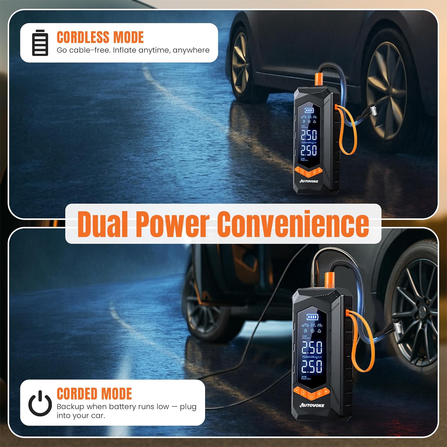 Tire Inflator Portable Air Compressor – 8X Faster 150PSI Cordless Air Pump for Car Tires, Digital Pressure Gauge – Battery Powered Heavy-Duty Compressor for Car, Bike, Motorcycle & Ball