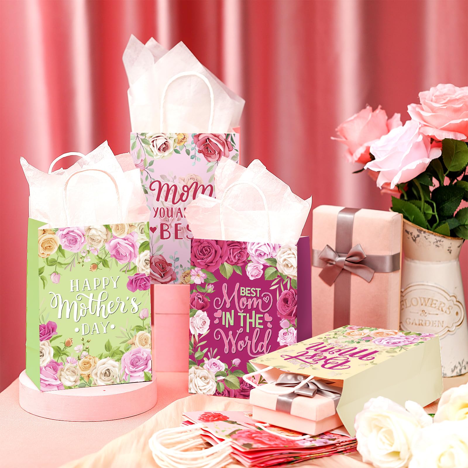 Motiskyy 30 Pcs Mother's Day Gift Bags Bulk with Handle Carnation Gift Bags for the Best Mom Paper Treat Wrap Favors Party Supplies(Best Mom)
