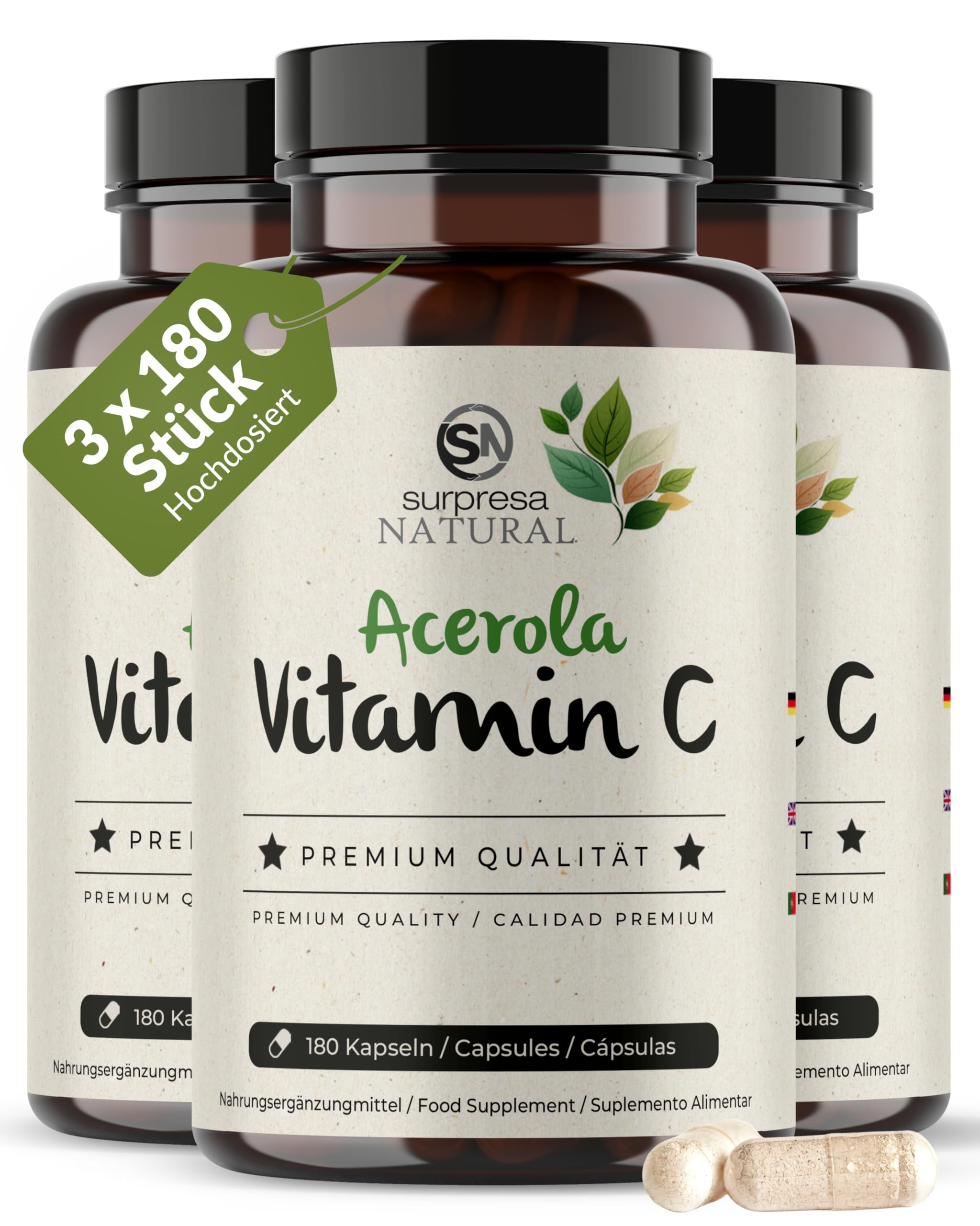 Vitamin C Kapseln I 3 x 180 Stück I 162,5 mg natürliches Vitamin C aus Acerola I Vorrat für 18 Monate I VitaminC-Supplement mit 10 mg Quercetin I hochdosiert, vegan & natürlich