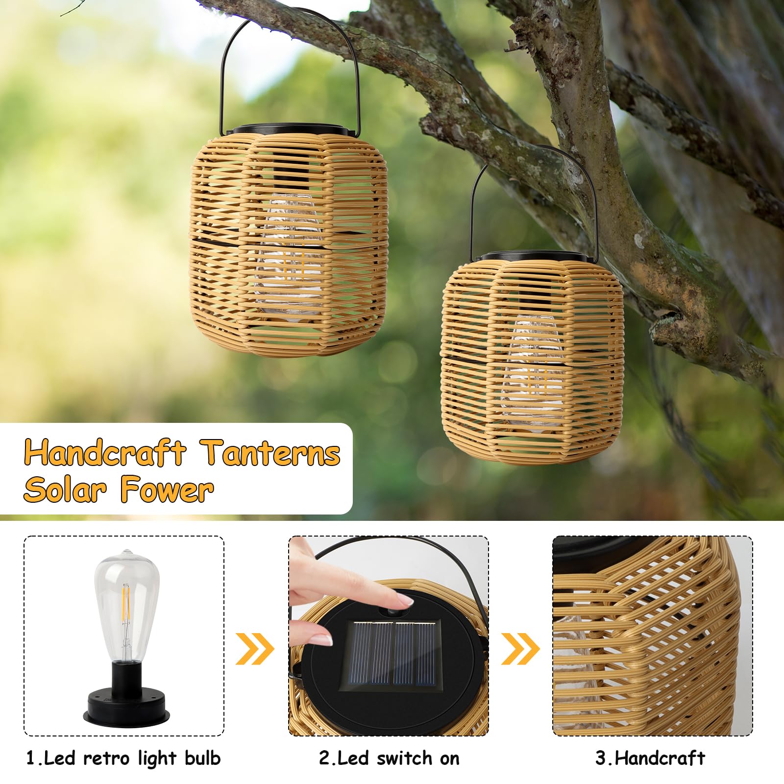 Lanterna Solare Esterno, 2 Pezzi Sospesa/in Piedi Lanterna Solare Rattan, Lanterne Solari, Lampada Solare per Giardino, Patio, Balcone, Cortile