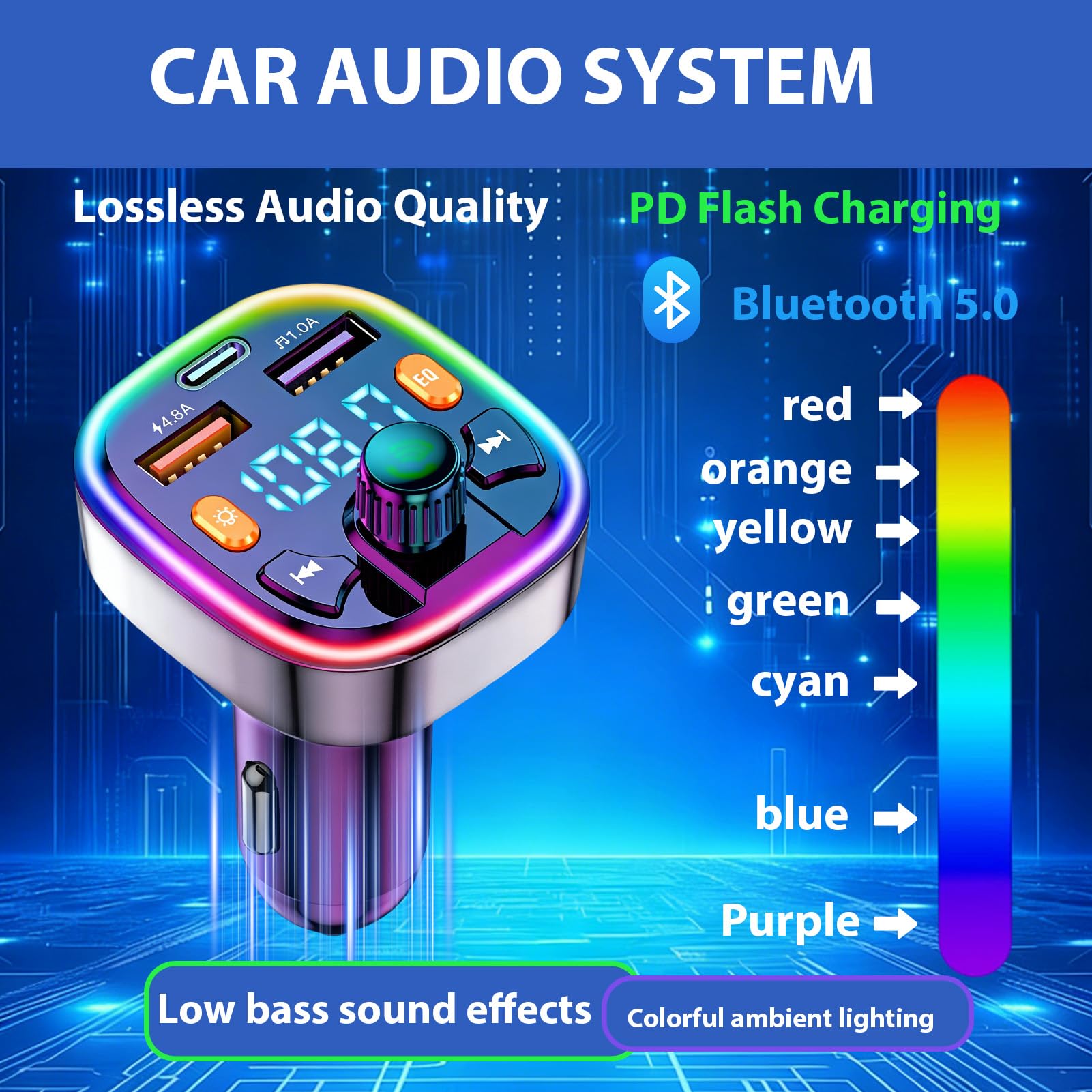 Bluetooth Car Adapter, Q5 FM Wireless Bluetooth Transmitter, PD20W Fast Charger, Dual USB Ports (4.8A & 1A), Hands-Free Calling, USB Flash Drive, for Phone & Android[Light Switch] — view 6