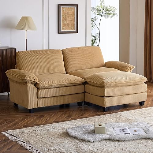 Karl home Sectional Sofa Modular Deep Seat Sofa Couch with Ottoman, Corduroy Sofa Sleeper Comfy Upholstered Furniture for Living Room, Apartment, Studio, Office, (2-Seat & 1-Ottoman, Khaki)