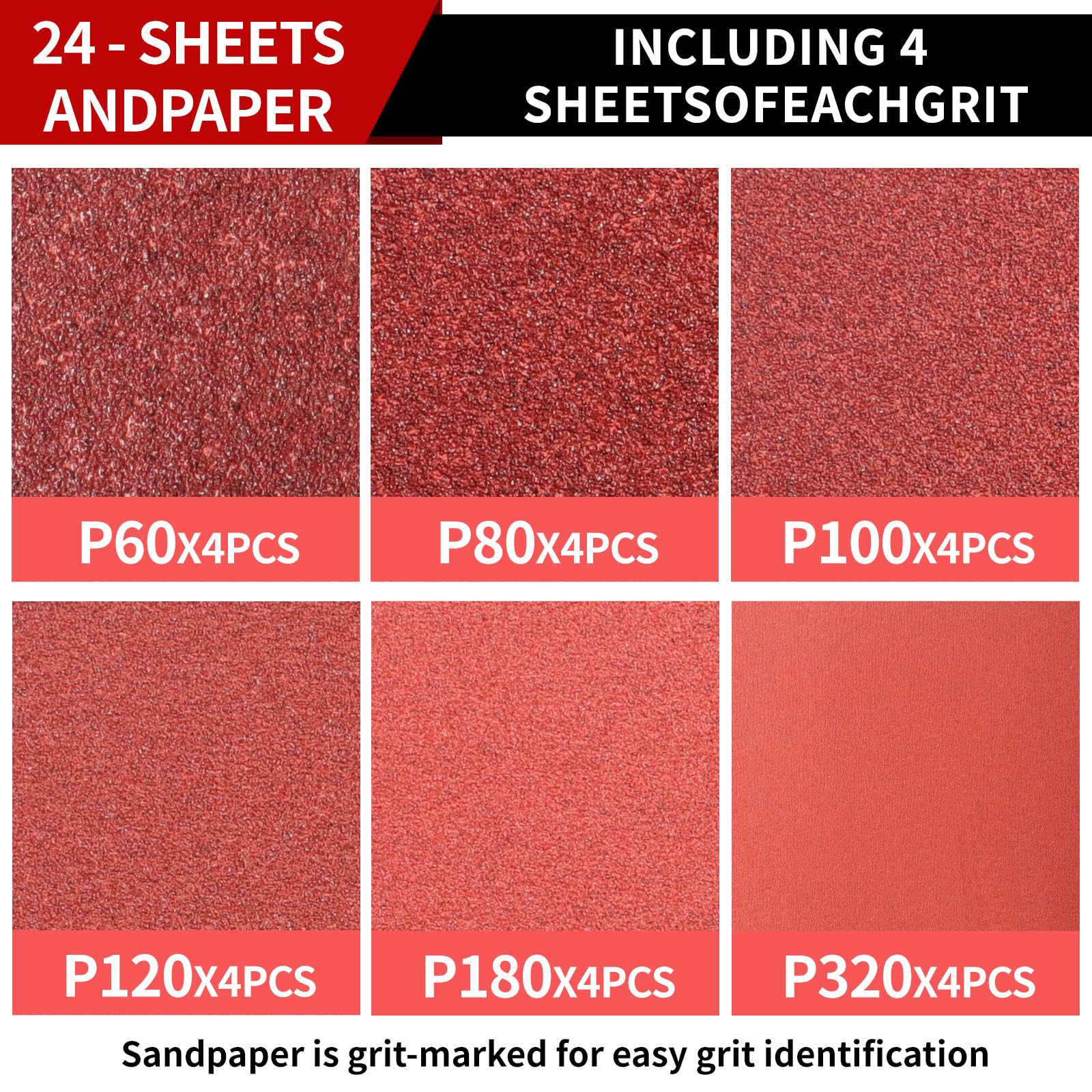 PMIQSA 24 Sheets Sandpaper Set, 80 Grit Abrasive Paper for Cars Polishing Metals Walls Wood Furniture Sanding - Image 2