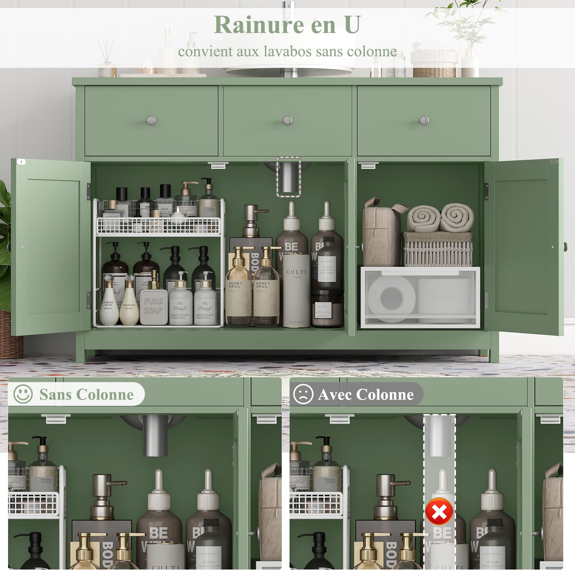 FOREHILL Meuble sous Lavabo 100cm, Meuble de Salle de Bain sous Vasque, Meubles de Salle de Bain Rangement avec 3 Portes 2 Tiroirs sur Pieds 100x30x61cm Vert
