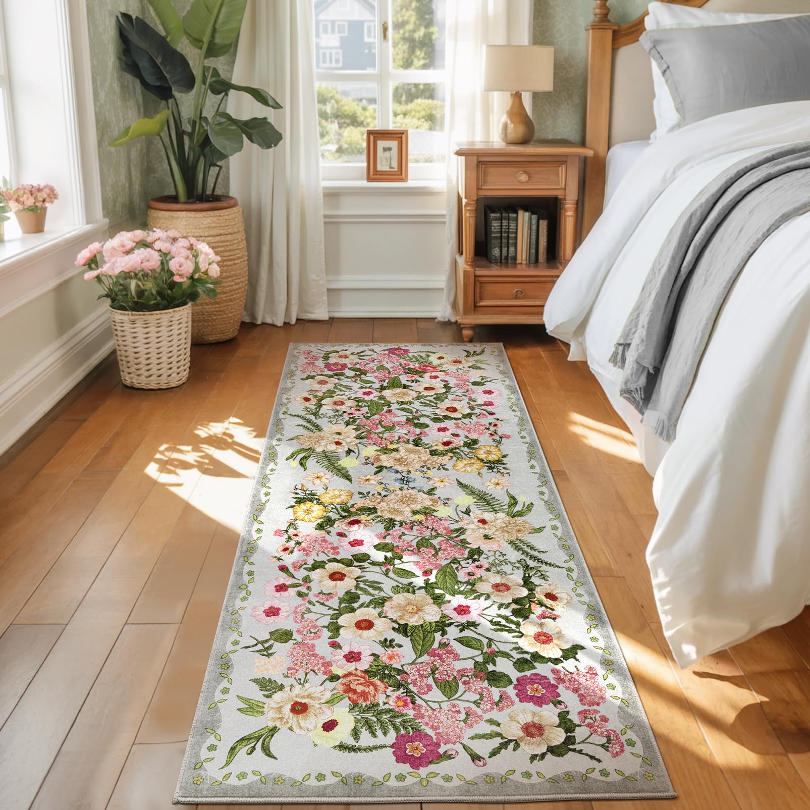 AREAMAY Floral Runner Rug 2x6 - Washable Vintage Kitchen Rug Low Pile Non-Slip Carpet for Entryway Hallway, Laundry, Bedroom - Soft, Stain Resistant