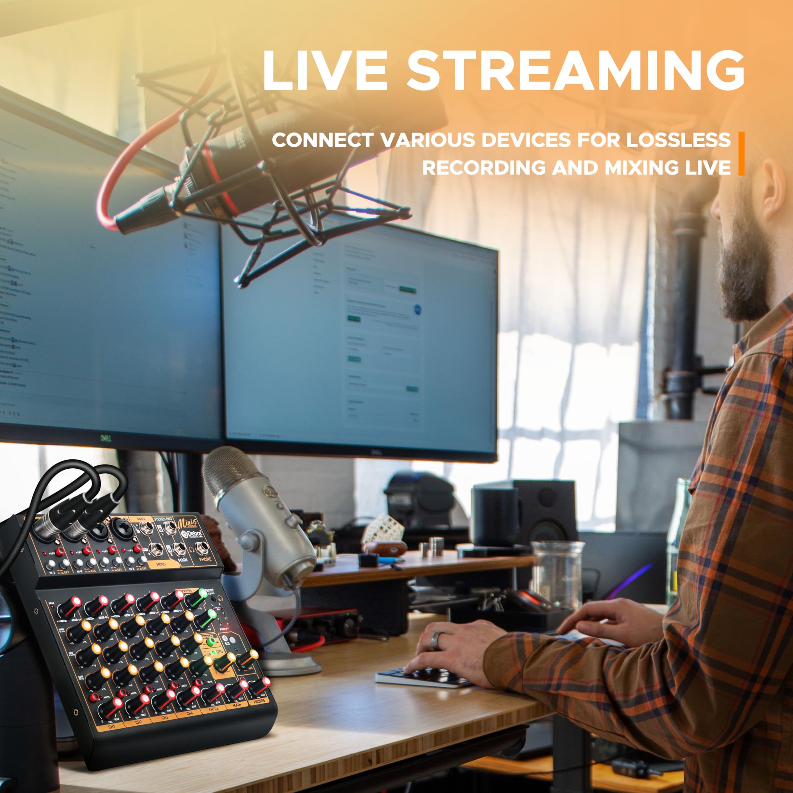 Mini6 Mixer Audio Professionale per DJ – Mixer a 6 Canali con Interfaccia USB, Bluetooth e Alimentazione Phantom 48V – Ideale per Streaming, Podcasting e Performance Live
