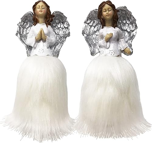 BANBERRY DESIGNS Juego de 2 figuras de ángel pintadas a mano con faldas de tela suave y alas plateadas decoración de ángel rezante de 6 x 3 pulgadas