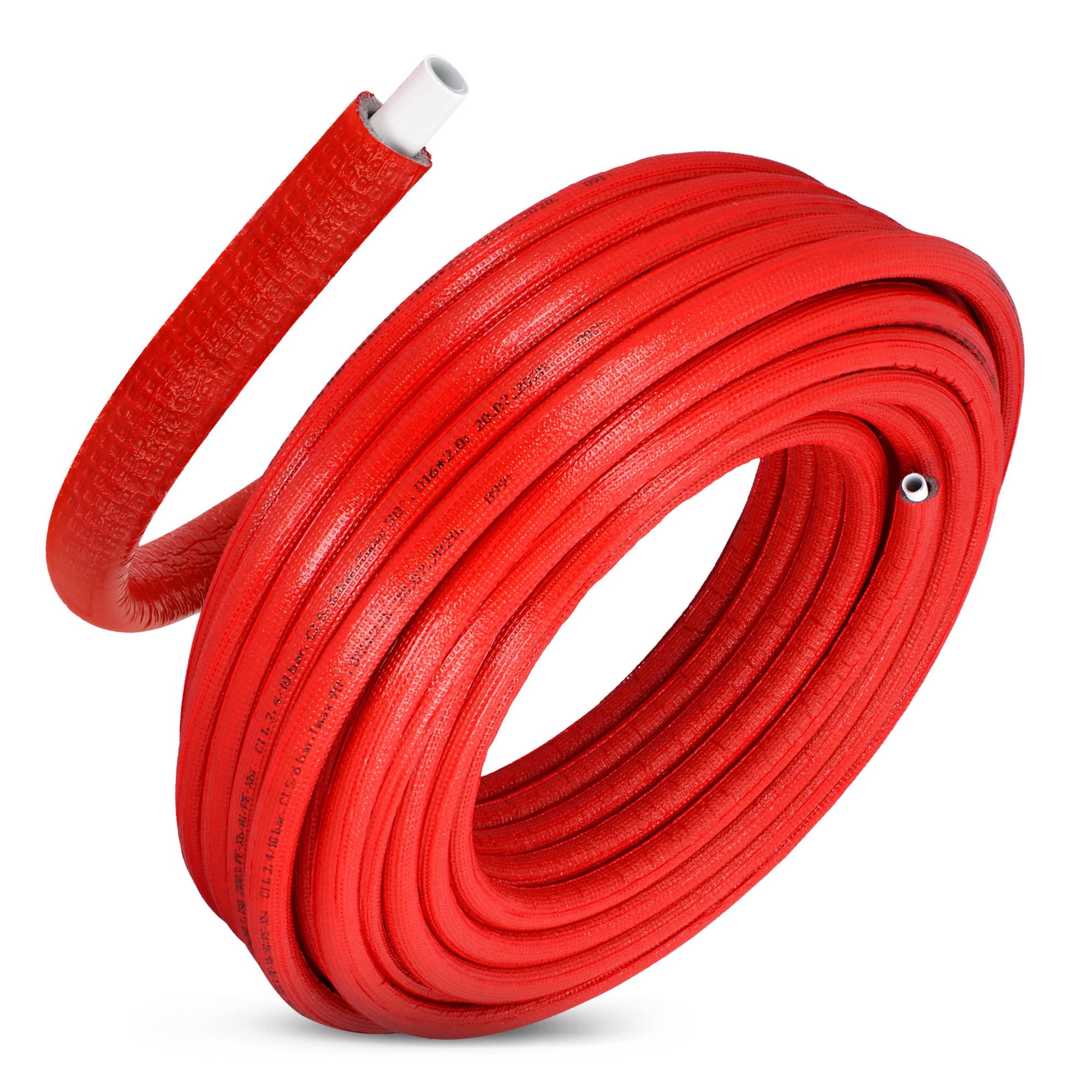 Tubo preisolato PEX/AL/PEX con rivestimento in polietilene, resistente, durevole, 16 x 2 mm, rosso, 50 m, per sistemi di riscaldamento e fornitura idrica