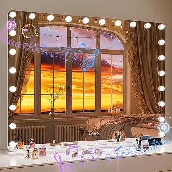 Hasipu LED Makeup Mirror with Bluetooth Speaker, 47" x 35" Makeup Mirror with Lights and Magnification, Hollywood Mirror with 3 Color Modes, LED Make up Mirror with USB & Type-C Charging